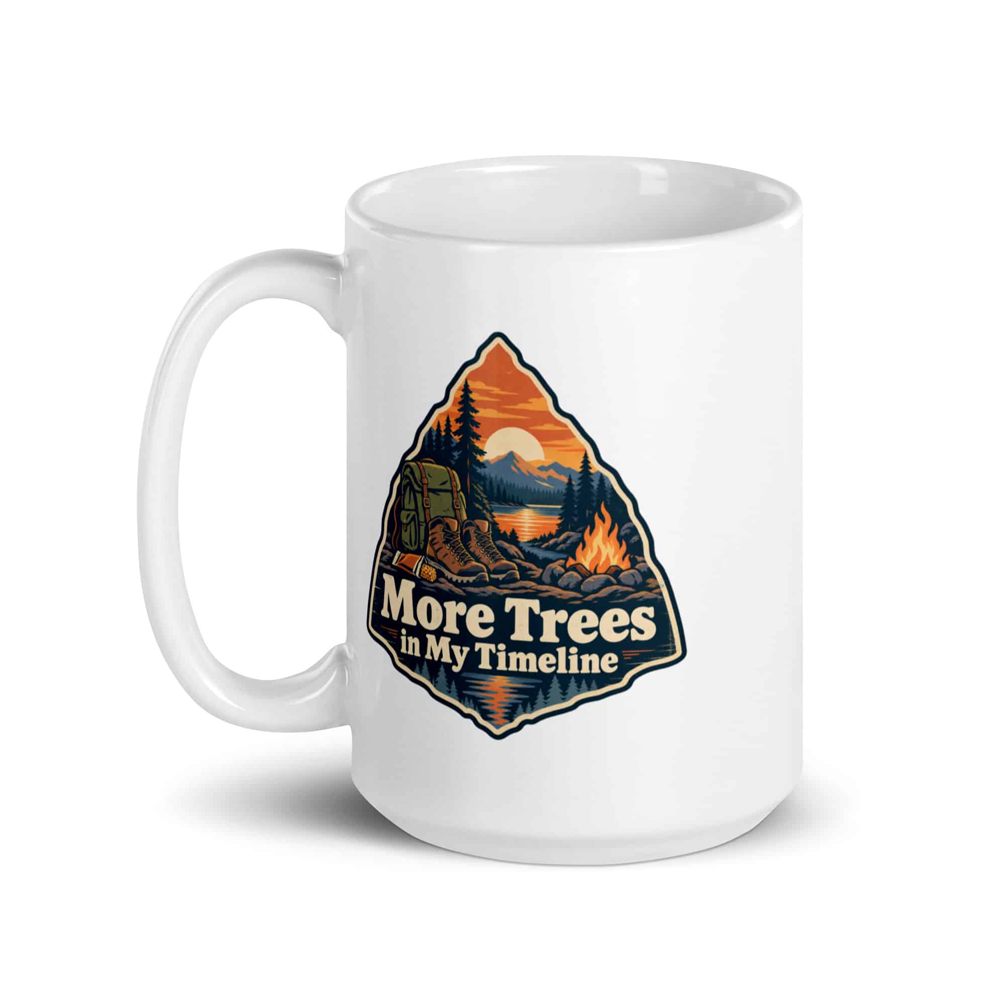 Nature and Adventure White Ceramic Coffee Mug: More Trees in My Timeline, Scenic Shield Badge