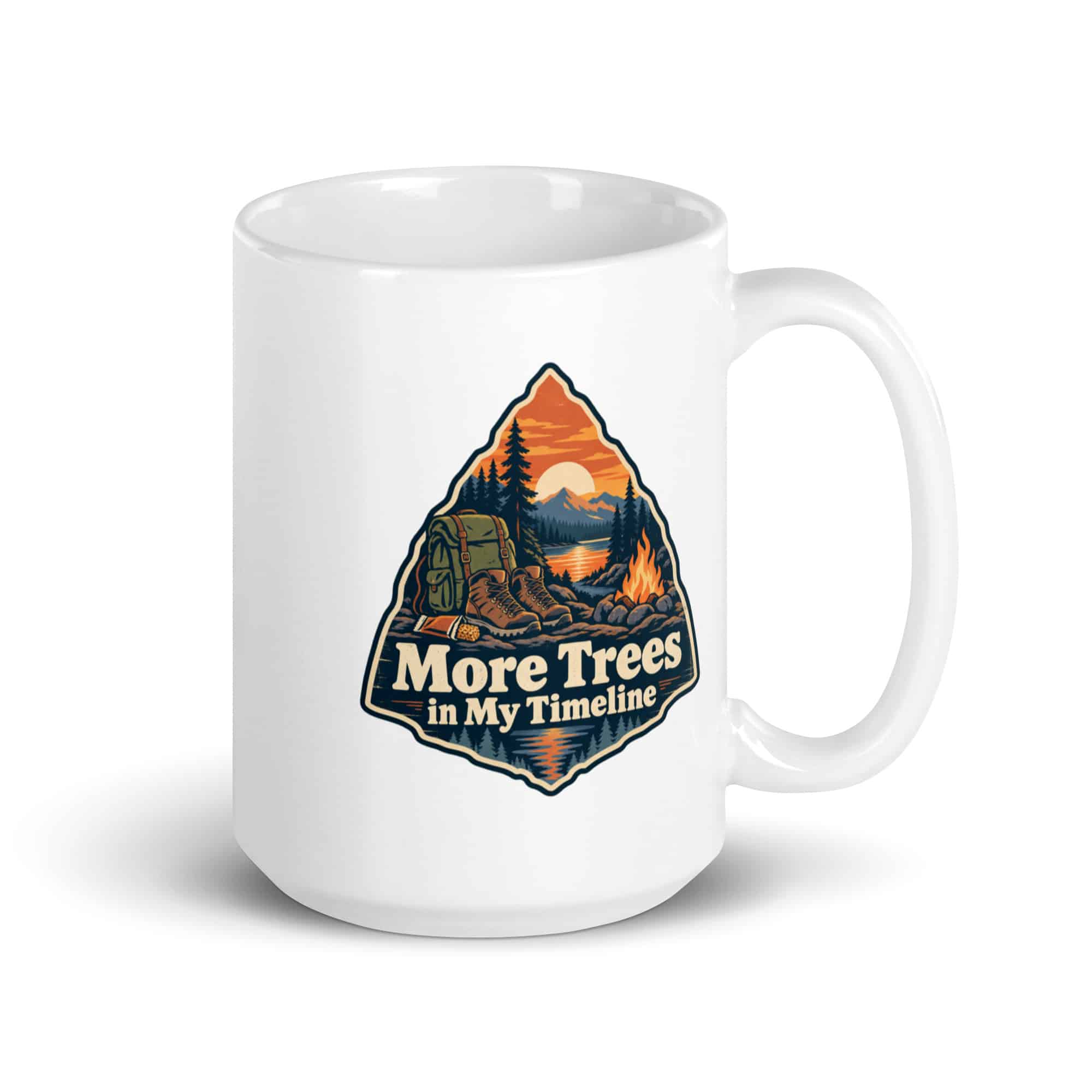 Nature and Adventure White Ceramic Coffee Mug: More Trees in My Timeline, Scenic Shield Badge