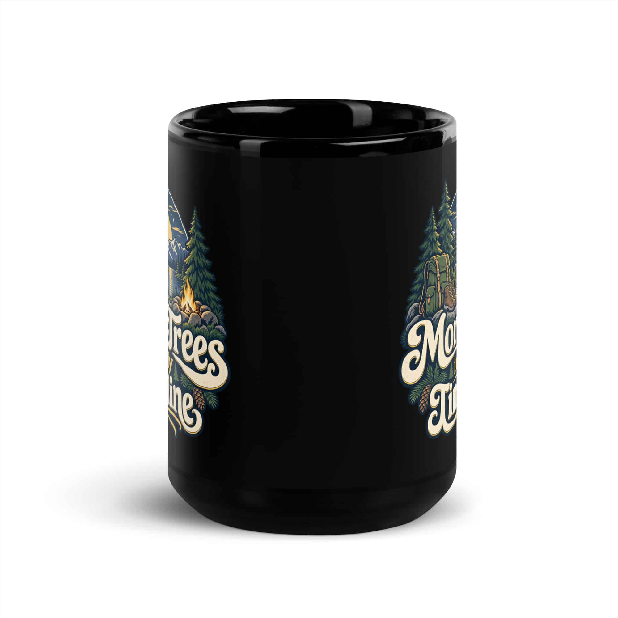 Nature and Adventure Black Coffee Mug: More Trees in My Timeline, Woodland Scenic Lettering