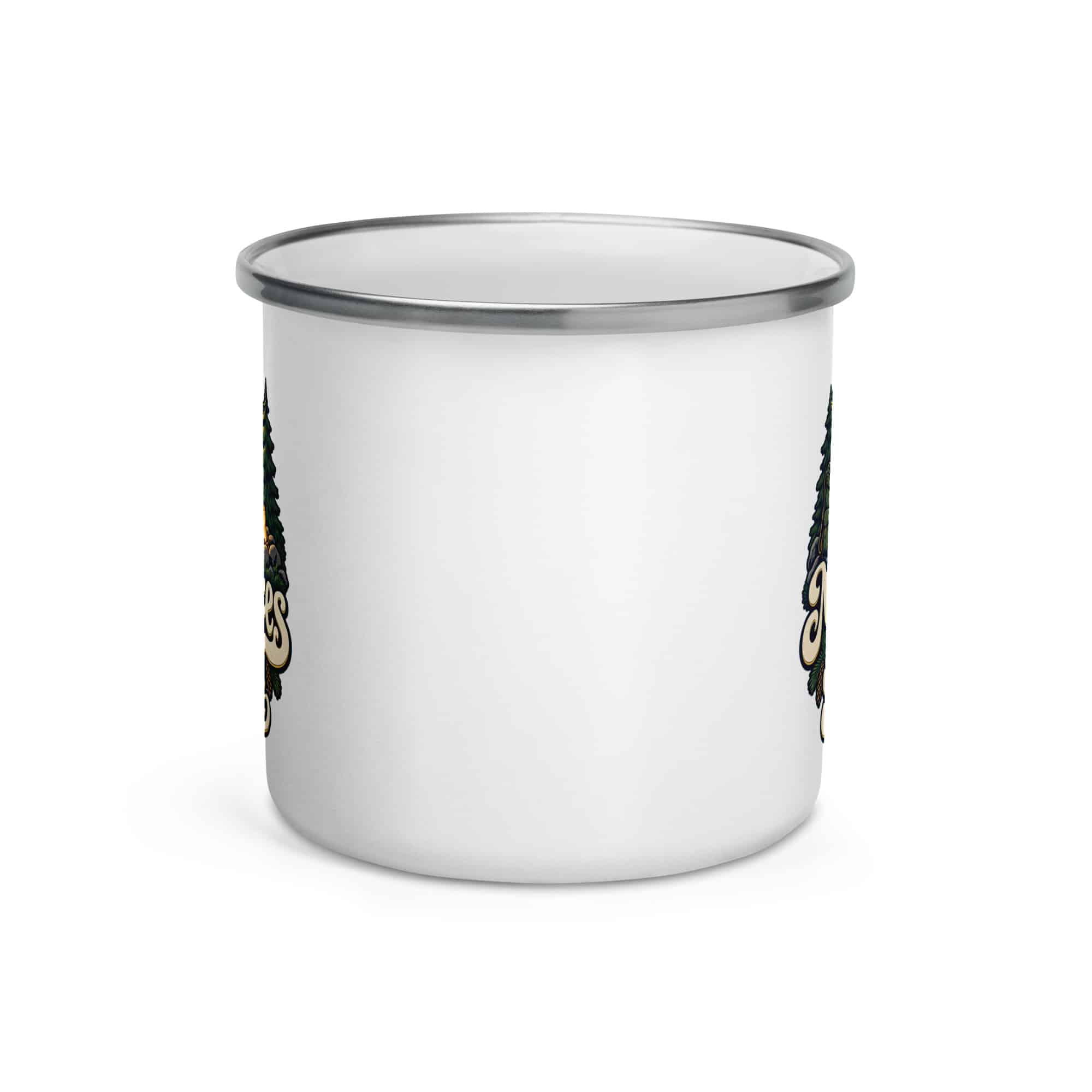 Nature and Adventure Enamel Camp Mug: More Trees in My Timeline, Woodland Scenic Lettering