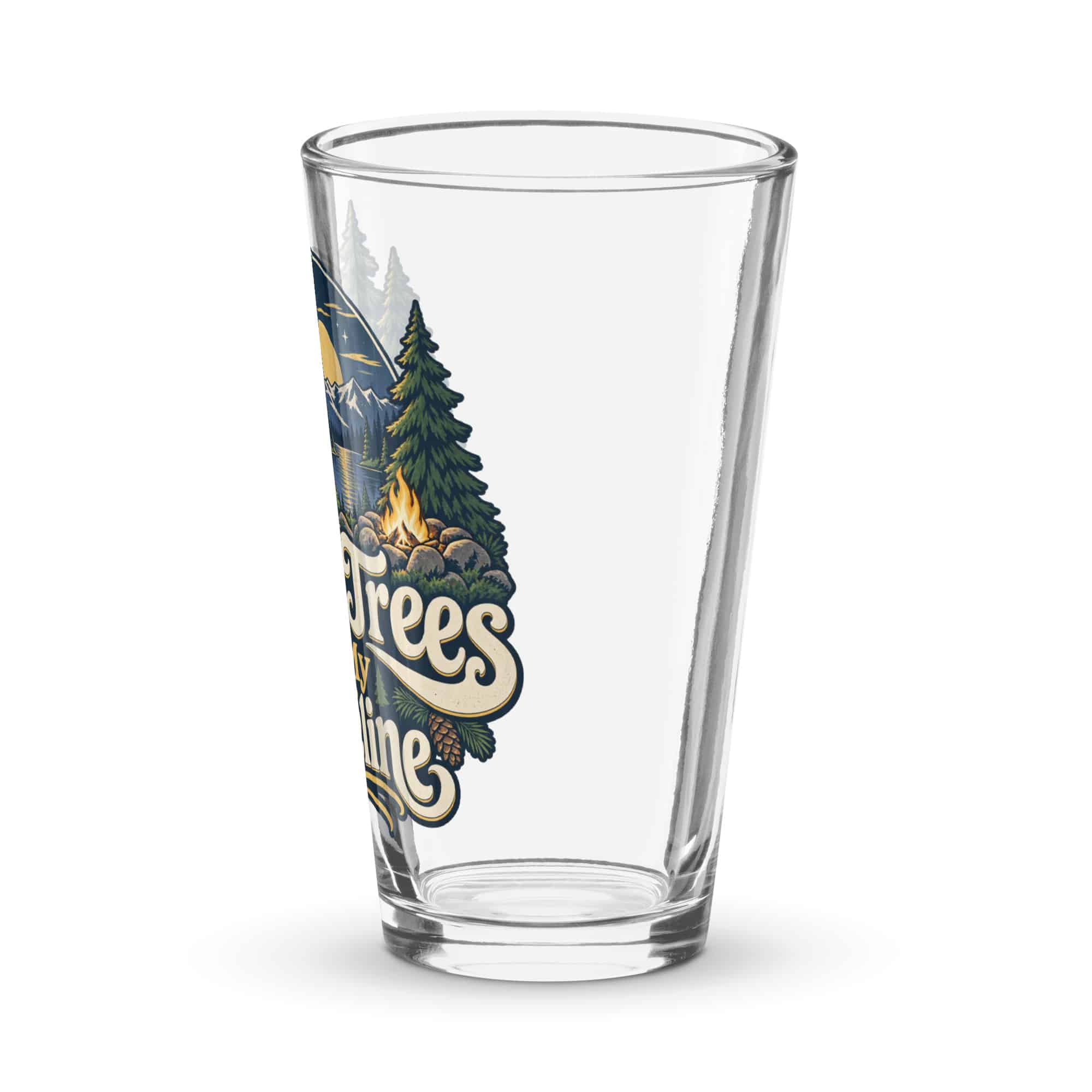 Nature and Adventure Pint Glass: More Trees in My Timeline, Woodland Scenic Lettering