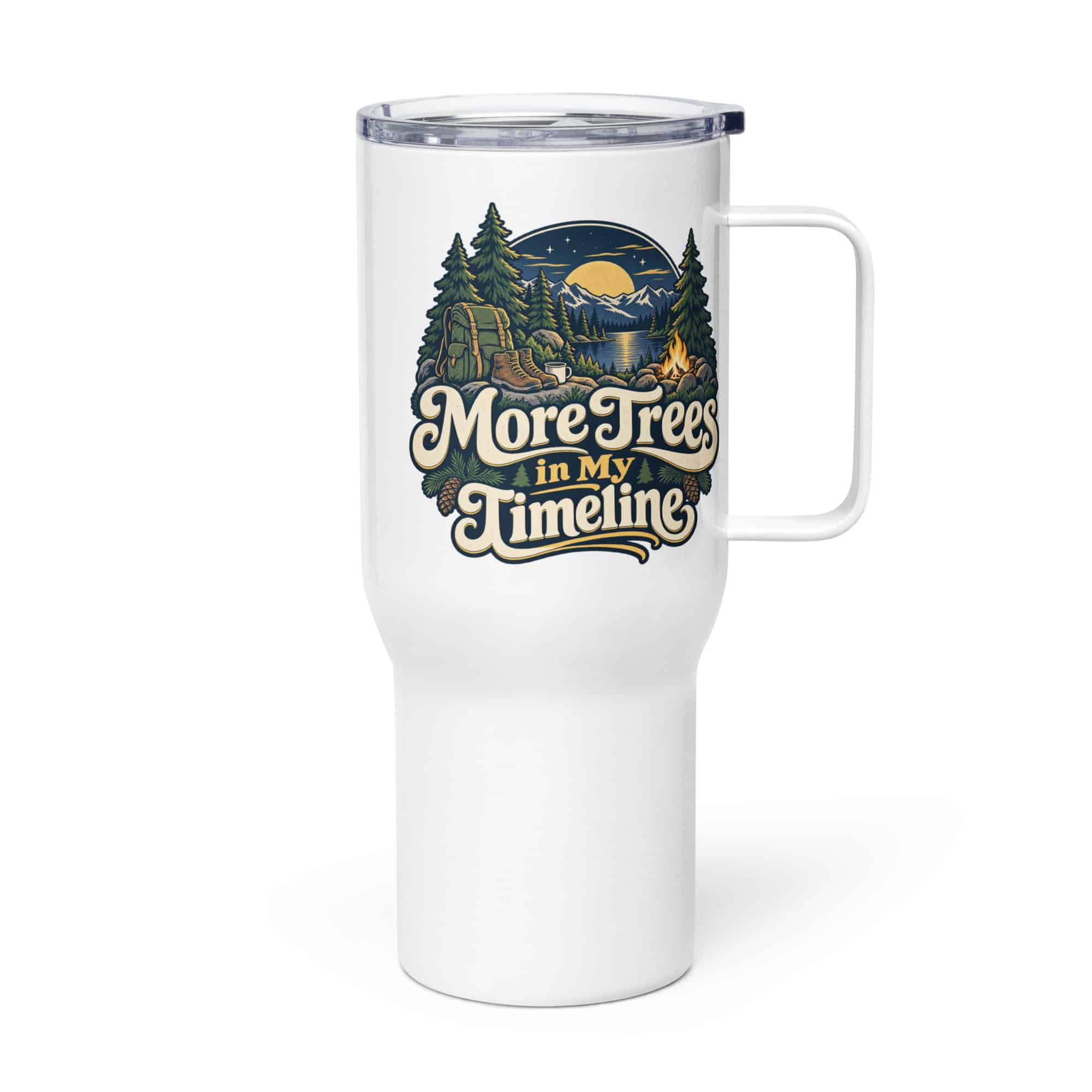 Nature and Adventure Travel Mug: More Trees in My Timeline, Woodland Scenic Lettering
