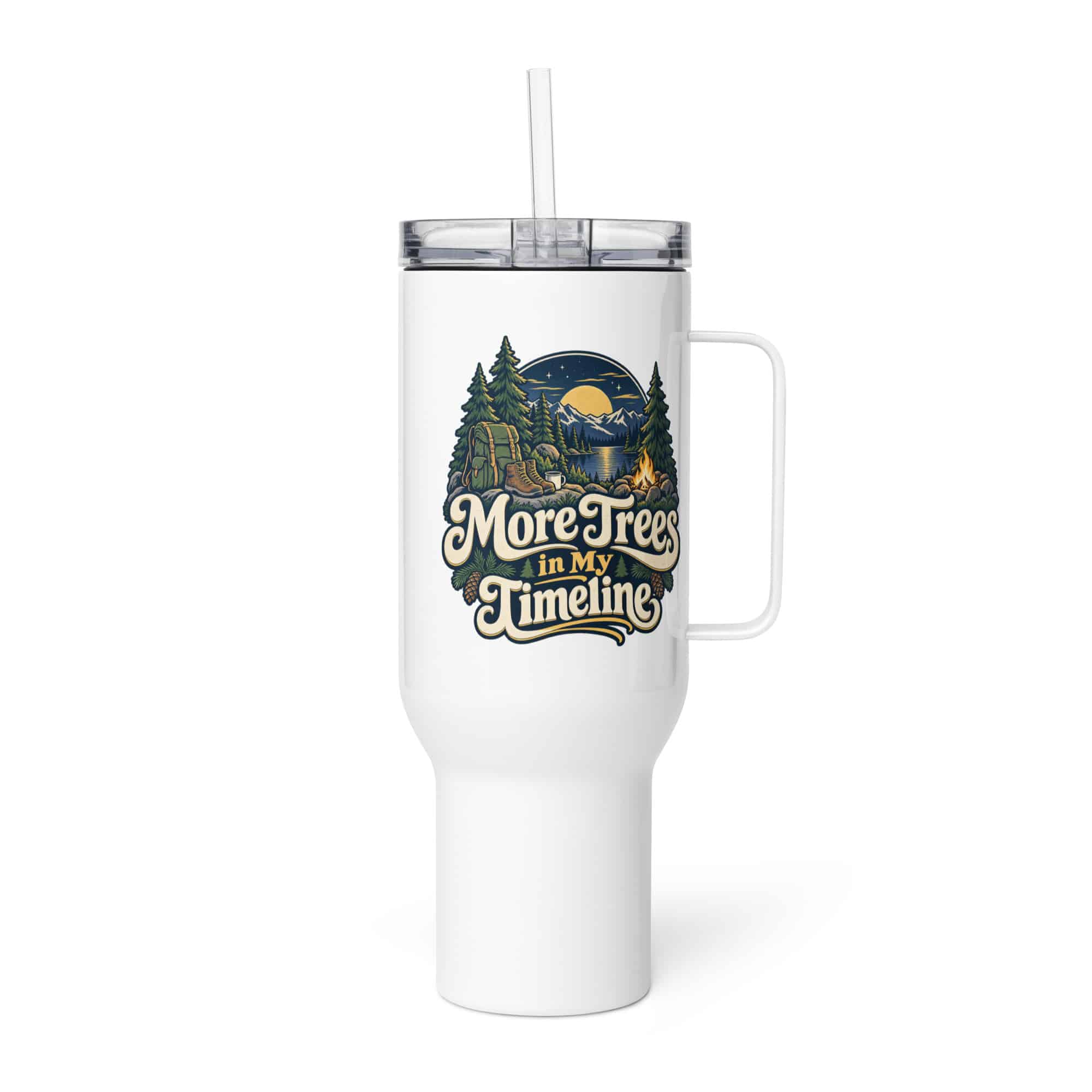 Nature and Adventure Travel Mug: More Trees in My Timeline, Woodland Scenic Lettering