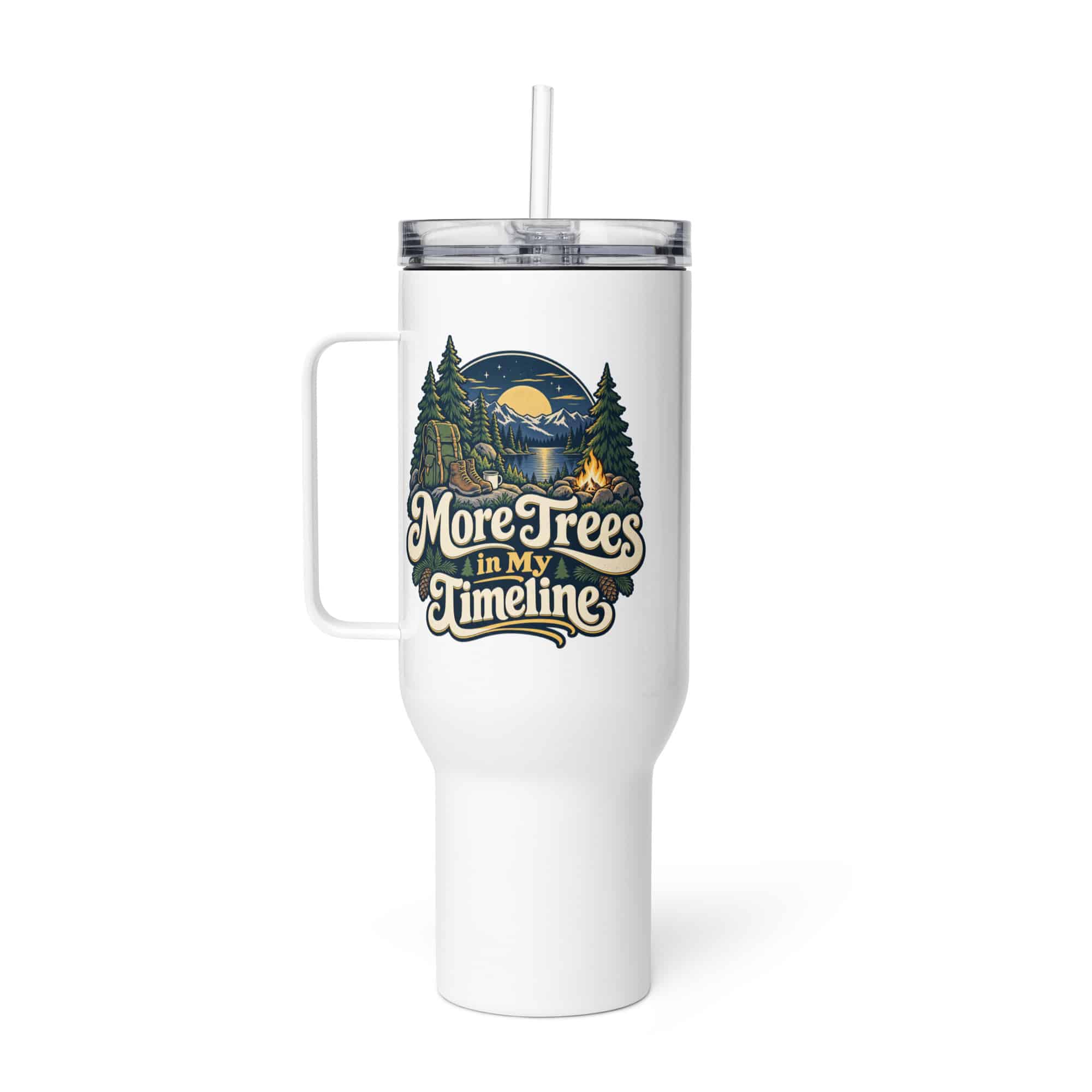 Nature and Adventure Travel Mug: More Trees in My Timeline, Woodland Scenic Lettering