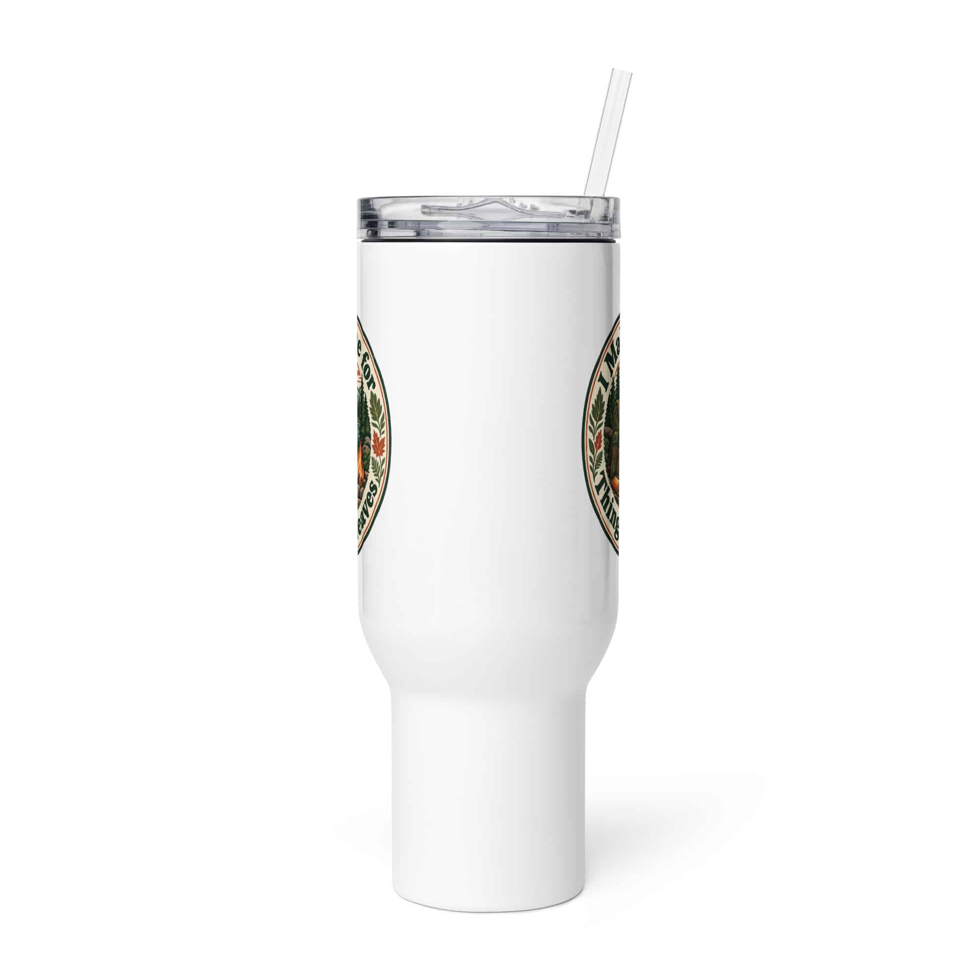 Nature and Adventure Travel Mug: I Make Time for Things with Leaves, Vintage Round Badge