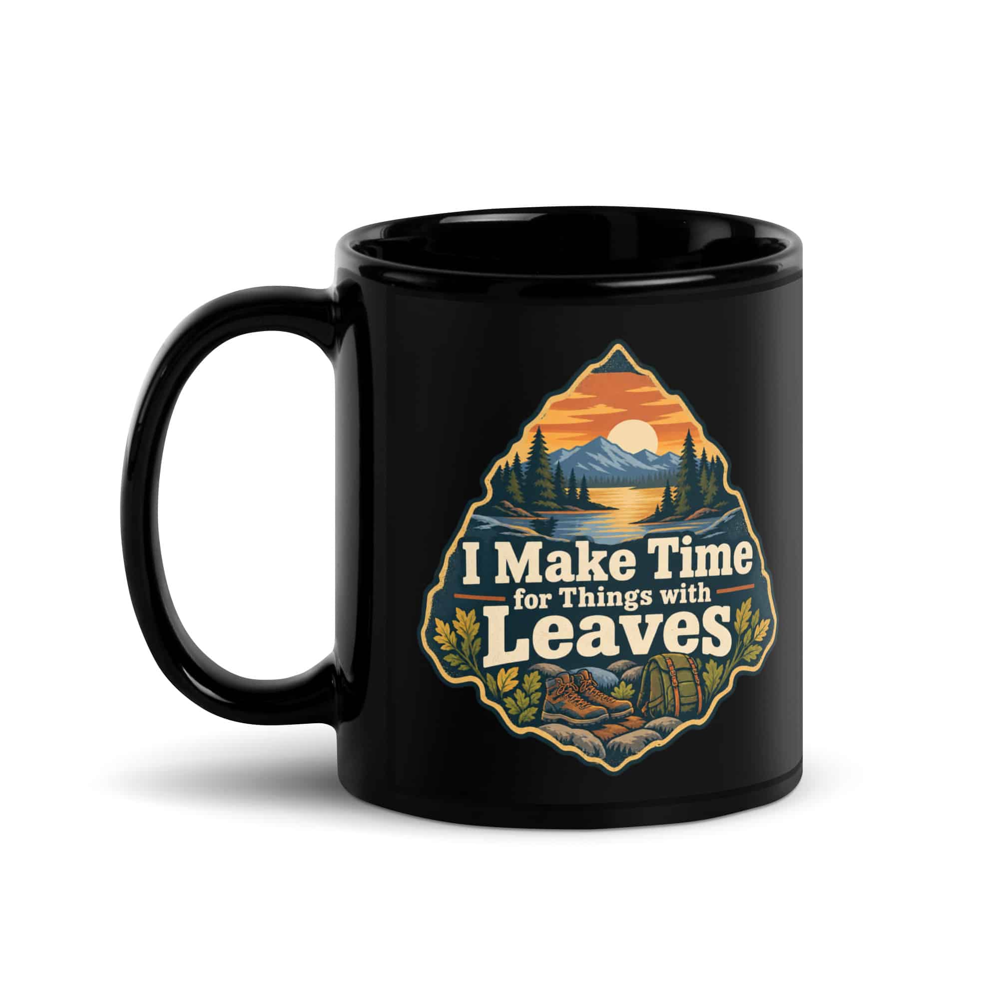 Nature and Adventure Black Coffee Mug: I Make Time for Things with Leaves, Scenic Shield Badge