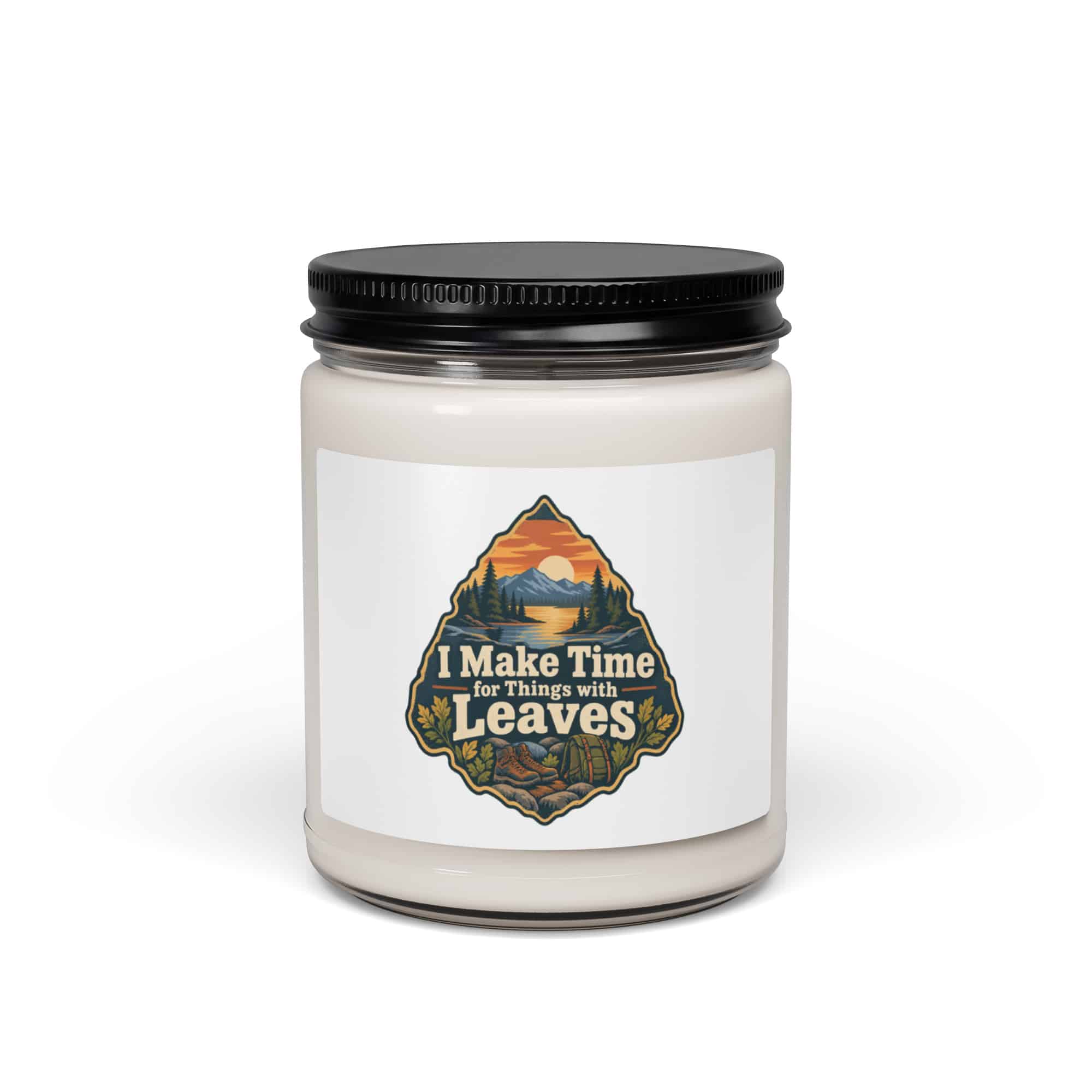 Nature and Adventure Soy Wax Candle: I Make Time for Things with Leaves, Scenic Shield Badge