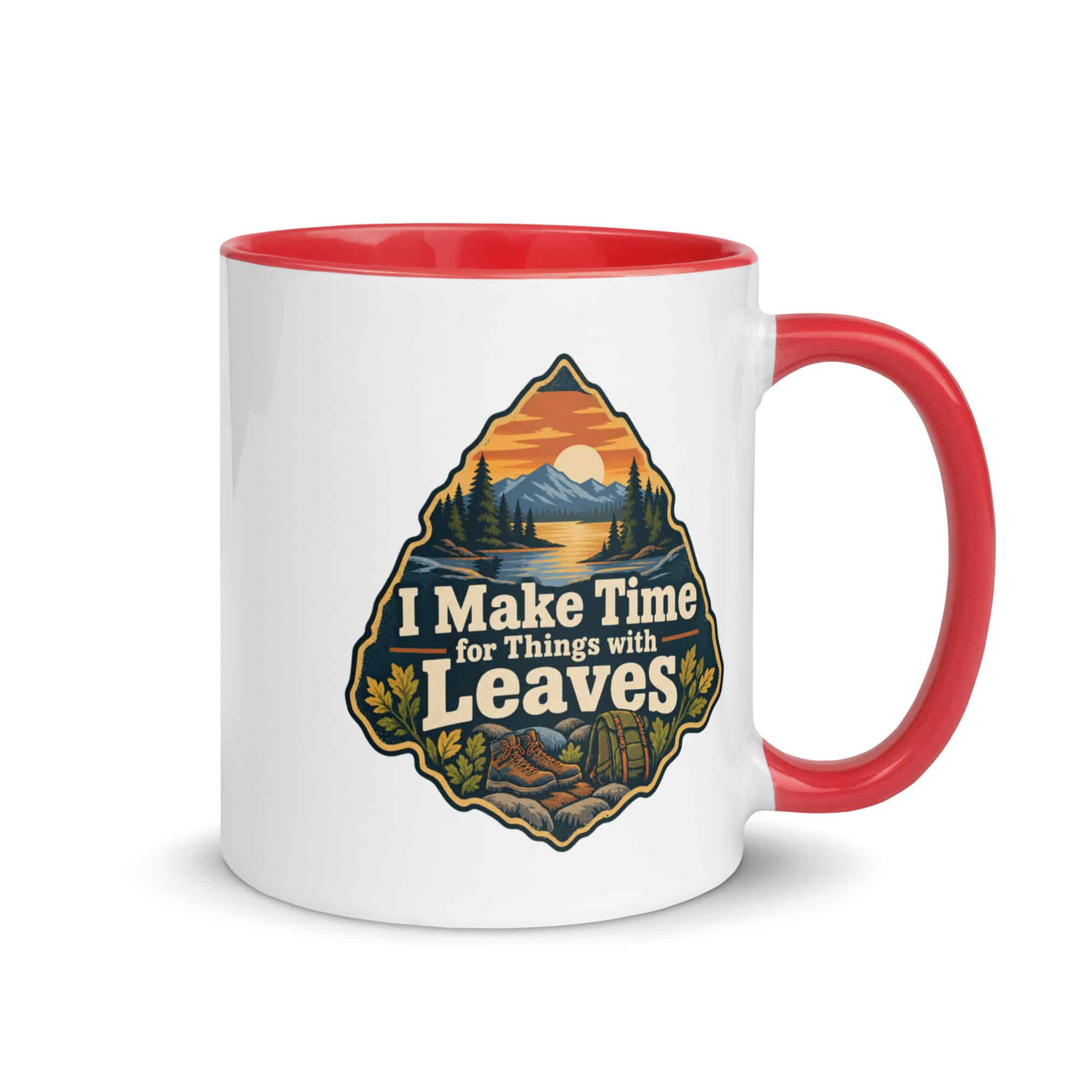 Nature and Adventure Color Inside Coffee Mug: I Make Time for Things with Leaves, Scenic Shield Badge