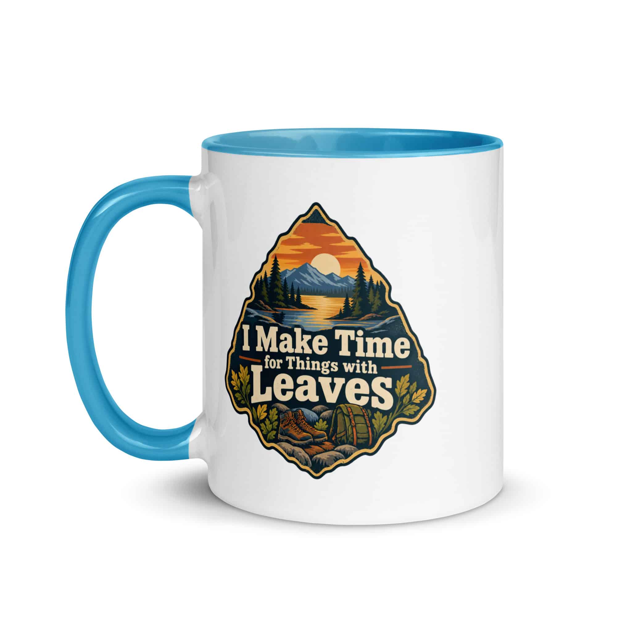 Nature and Adventure Color Inside Coffee Mug: I Make Time for Things with Leaves, Scenic Shield Badge