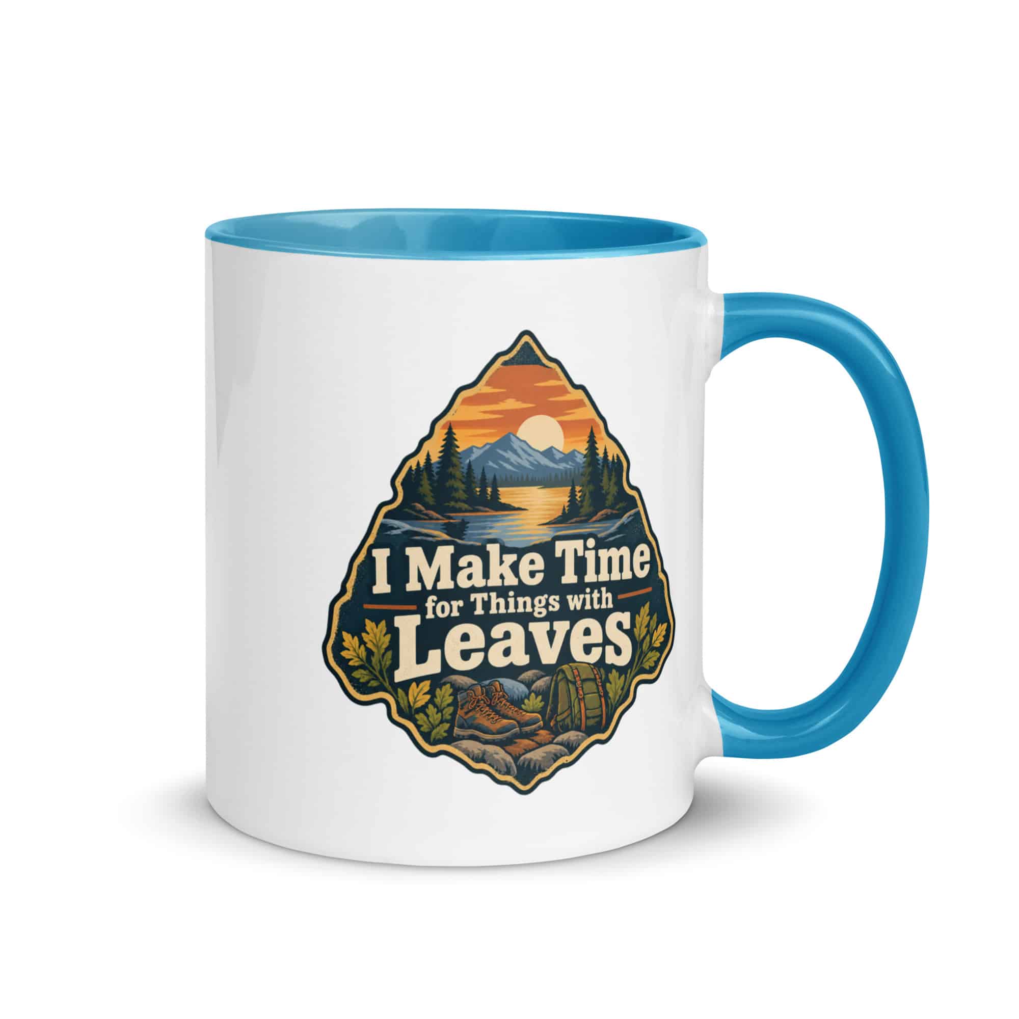 Nature and Adventure Color Inside Coffee Mug: I Make Time for Things with Leaves, Scenic Shield Badge