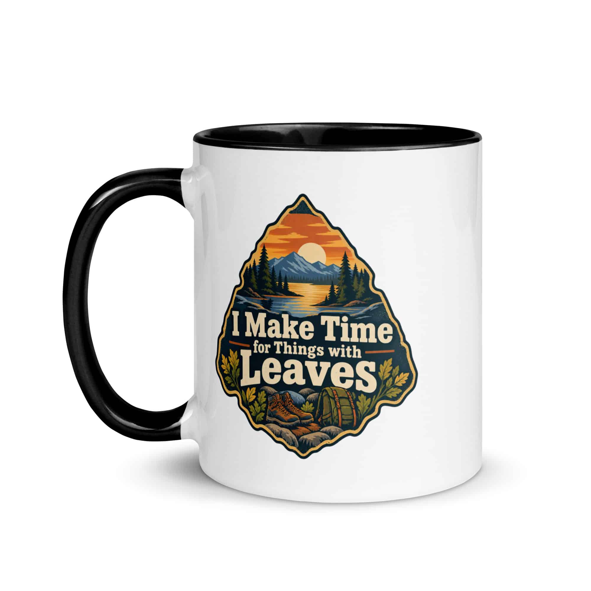 Nature and Adventure Color Inside Coffee Mug: I Make Time for Things with Leaves, Scenic Shield Badge