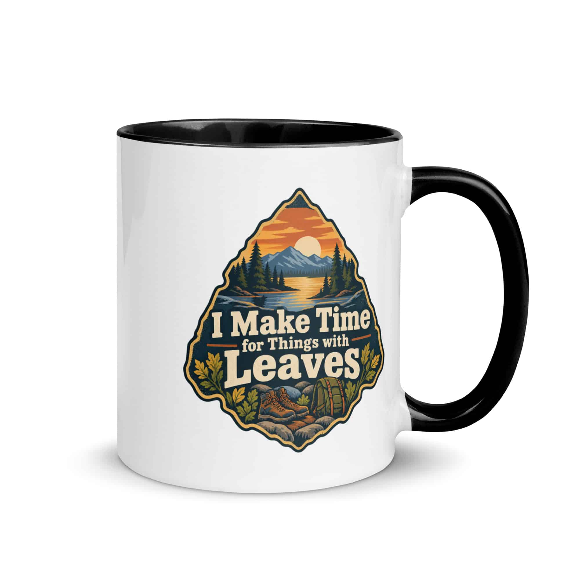 Nature and Adventure Color Inside Coffee Mug: I Make Time for Things with Leaves, Scenic Shield Badge