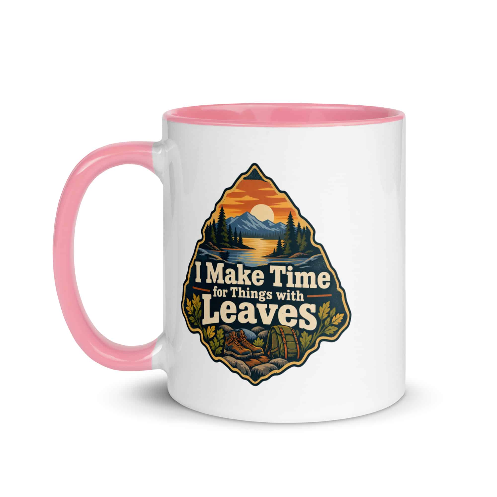 Nature and Adventure Color Inside Coffee Mug: I Make Time for Things with Leaves, Scenic Shield Badge