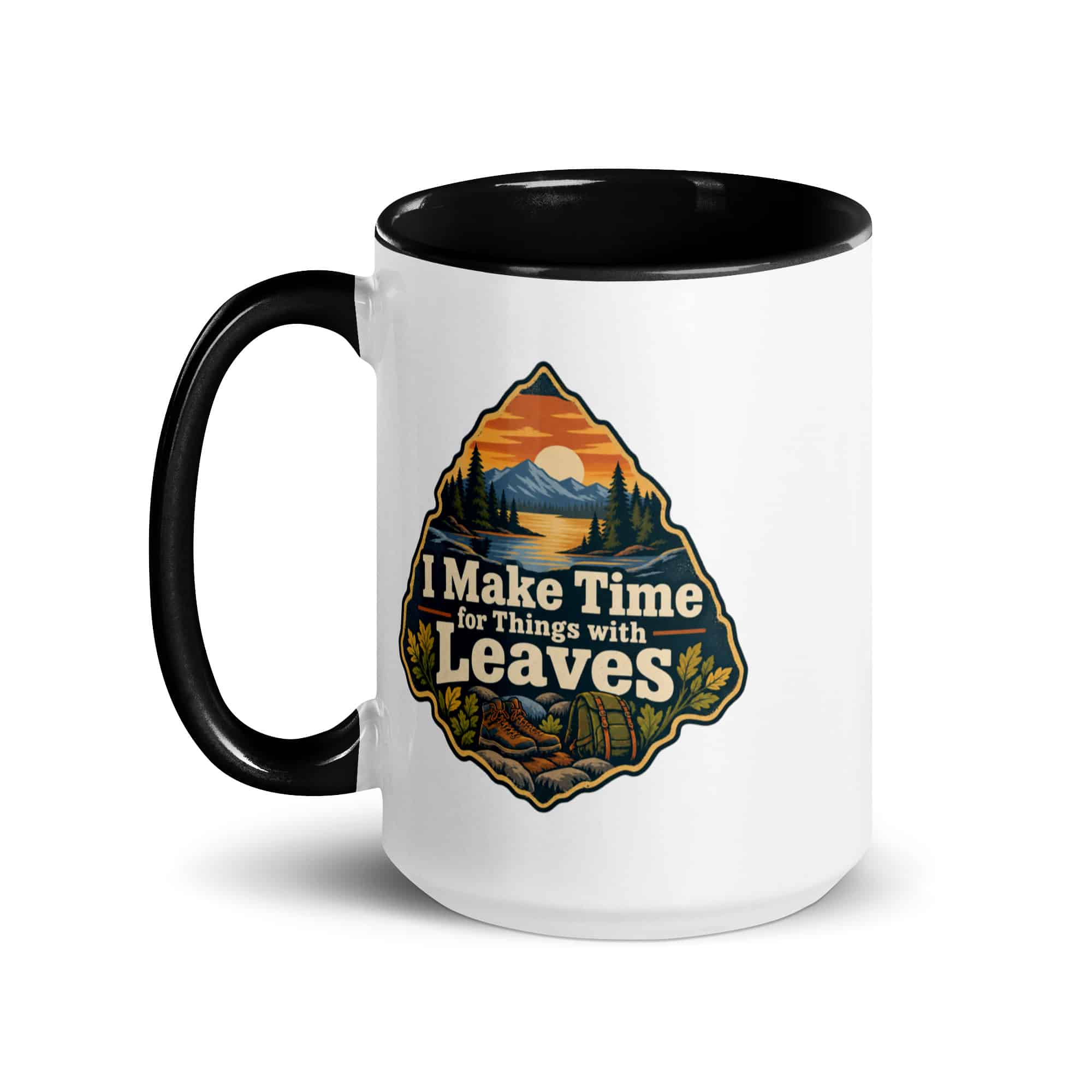 Nature and Adventure Color Inside Coffee Mug: I Make Time for Things with Leaves, Scenic Shield Badge