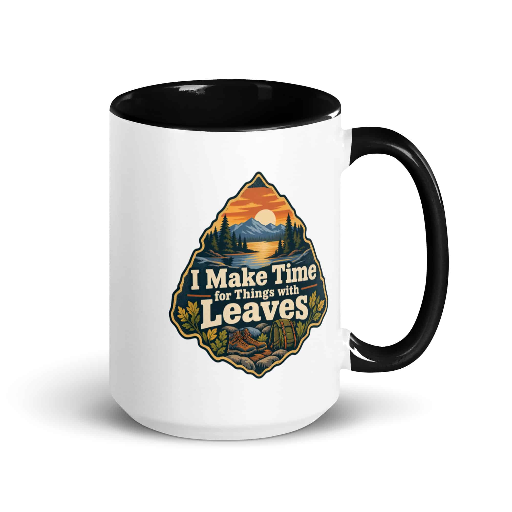 Nature and Adventure Color Inside Coffee Mug: I Make Time for Things with Leaves, Scenic Shield Badge