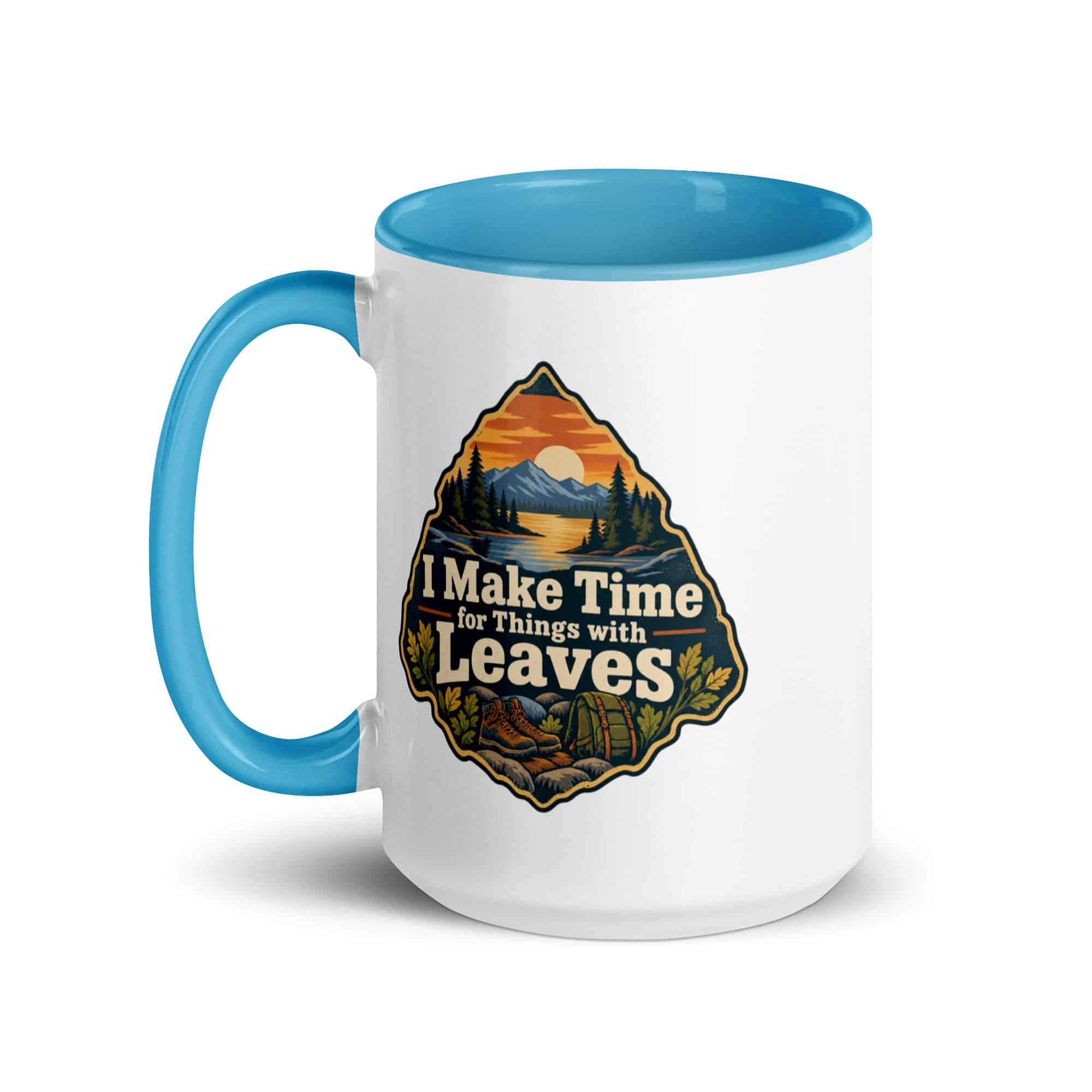 Nature and Adventure Color Inside Coffee Mug: I Make Time for Things with Leaves, Scenic Shield Badge