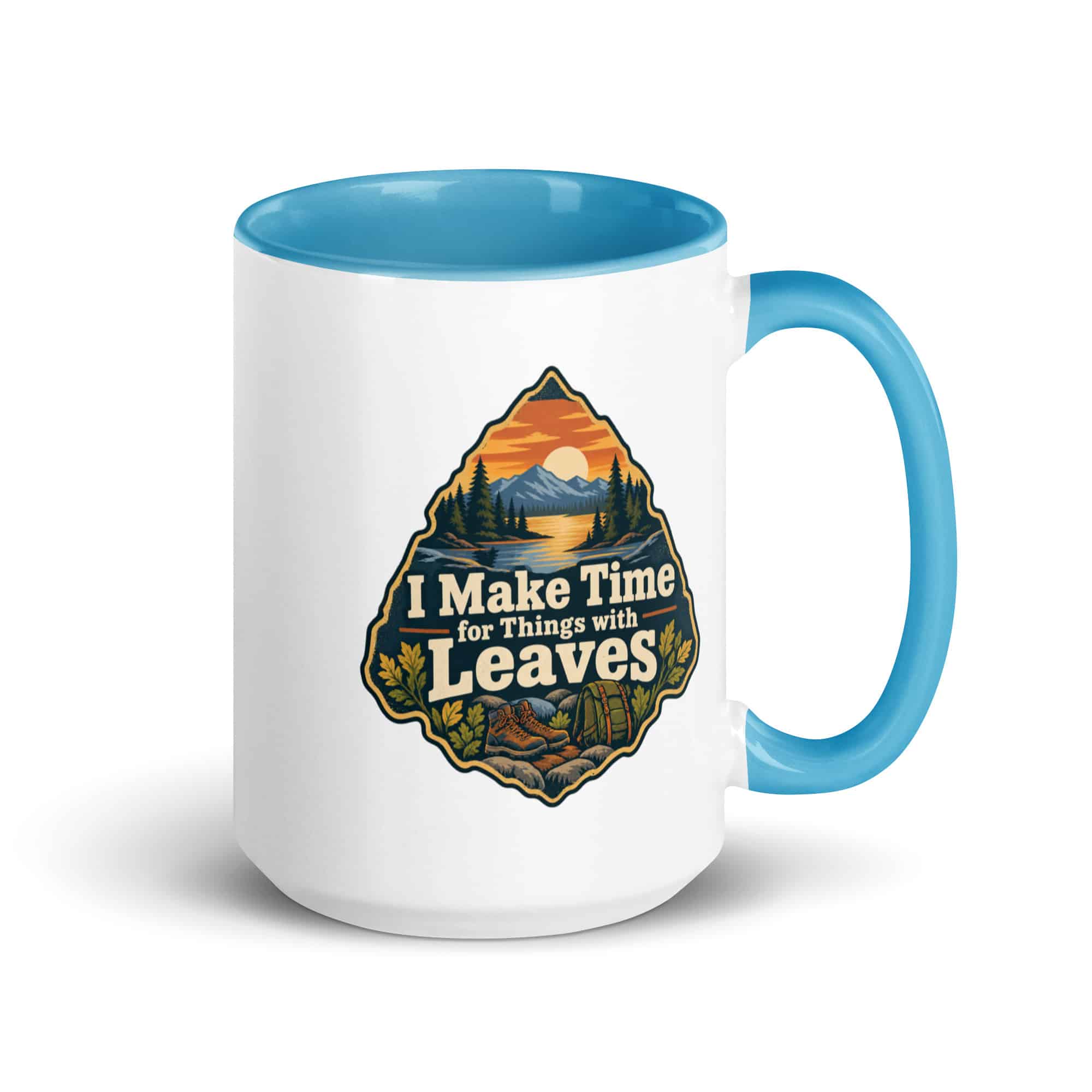 Nature and Adventure Color Inside Coffee Mug: I Make Time for Things with Leaves, Scenic Shield Badge