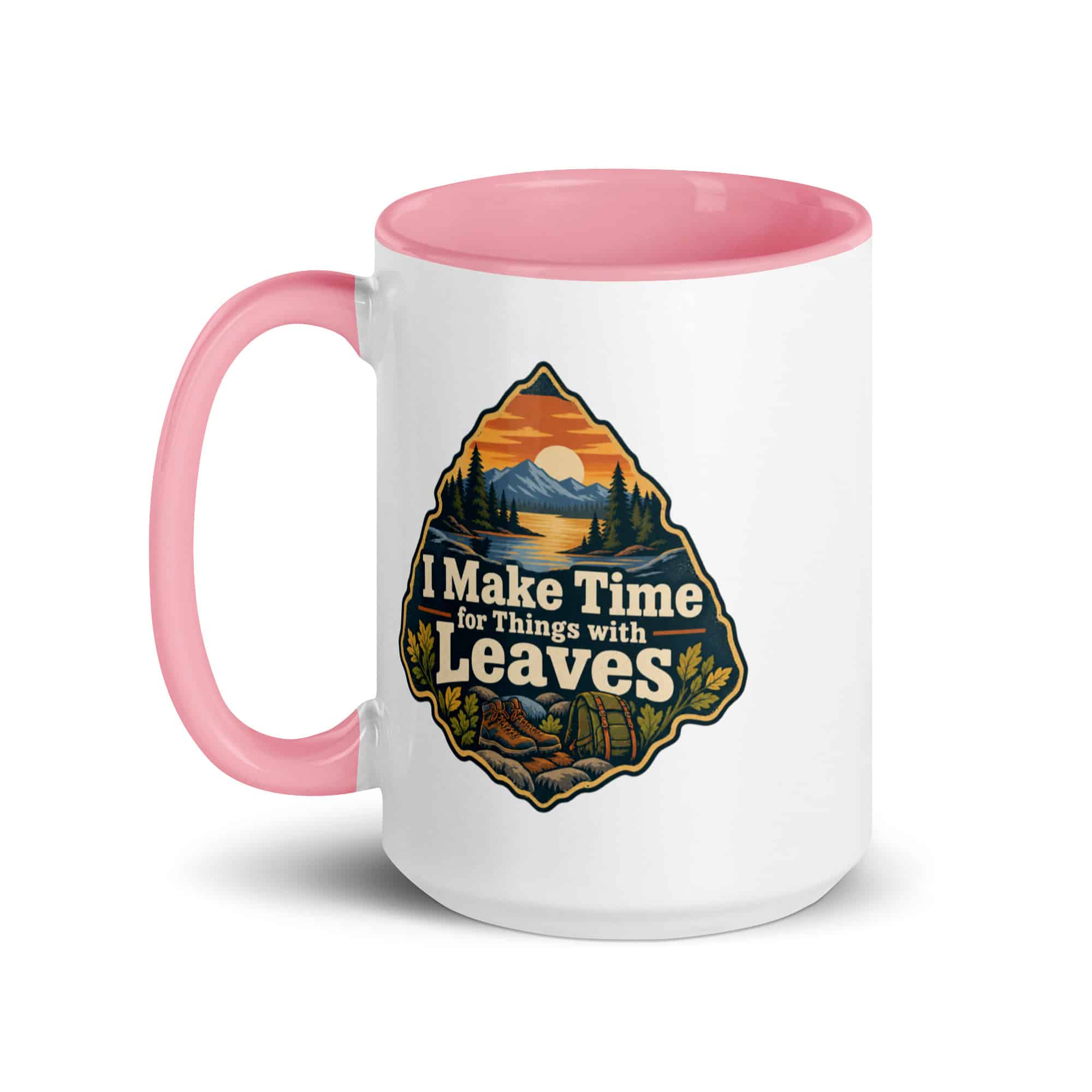 Nature and Adventure Color Inside Coffee Mug: I Make Time for Things with Leaves, Scenic Shield Badge