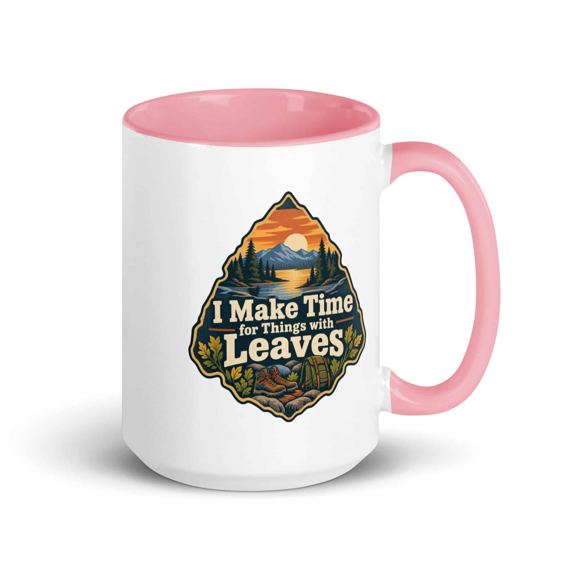 Nature and Adventure Color Inside Coffee Mug: I Make Time for Things with Leaves, Scenic Shield Badge