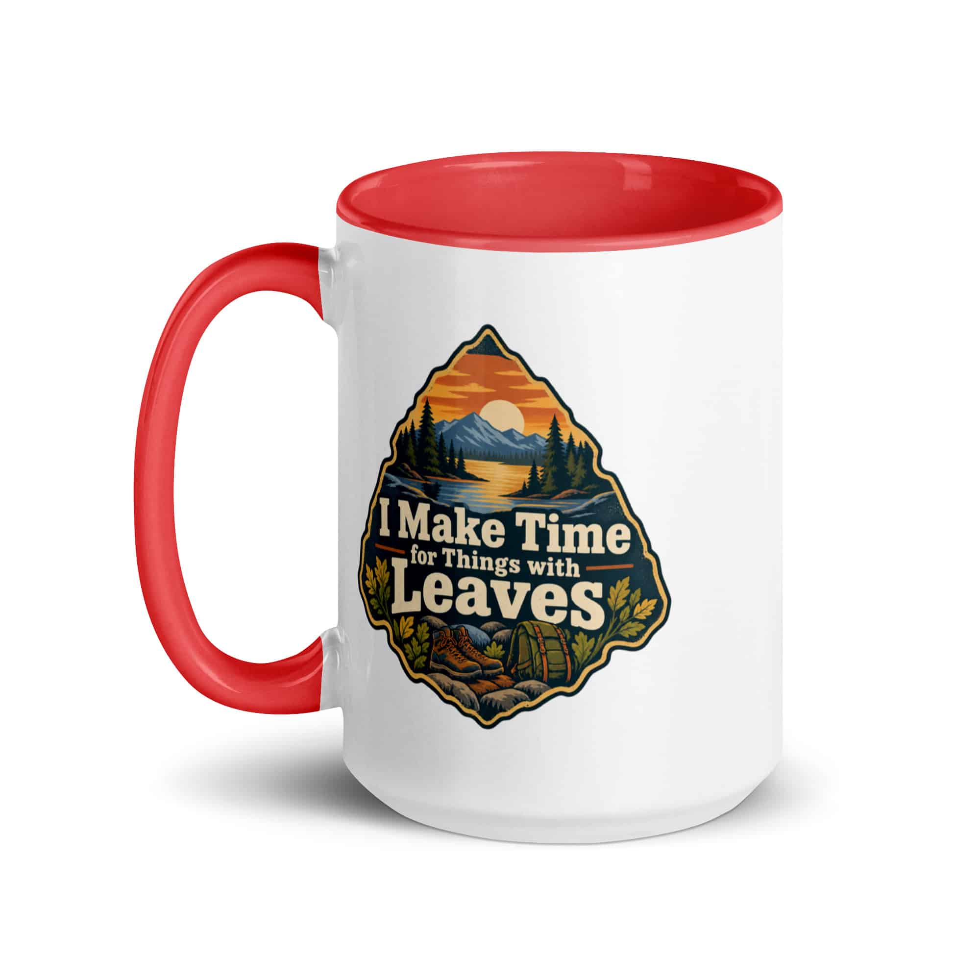 Nature and Adventure Color Inside Coffee Mug: I Make Time for Things with Leaves, Scenic Shield Badge