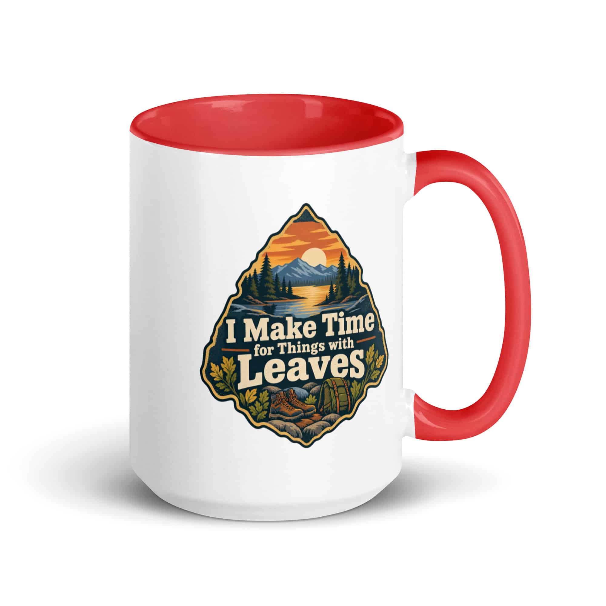 Nature and Adventure Color Inside Coffee Mug: I Make Time for Things with Leaves, Scenic Shield Badge