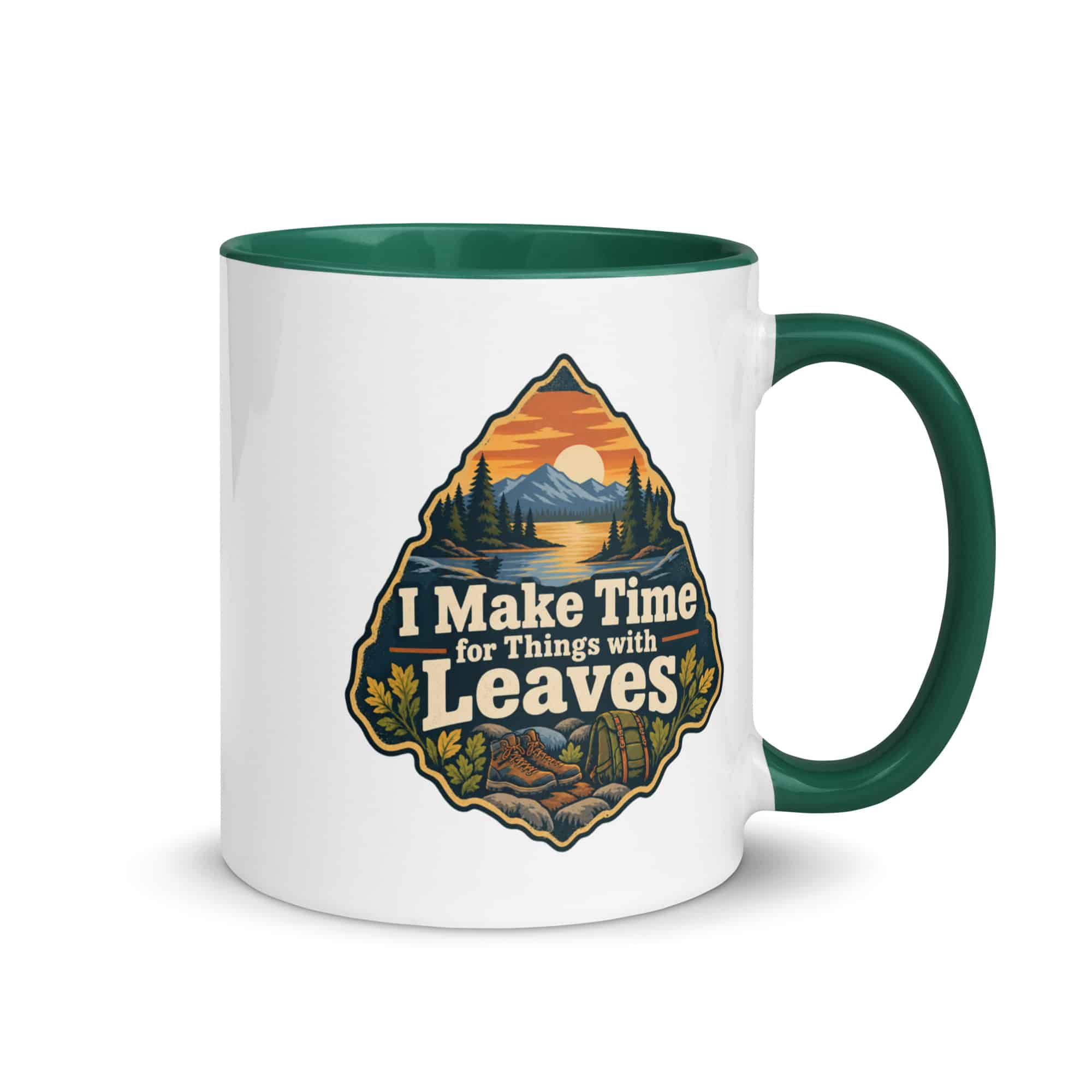 Nature and Adventure Color Inside Coffee Mug: I Make Time for Things with Leaves, Scenic Shield Badge