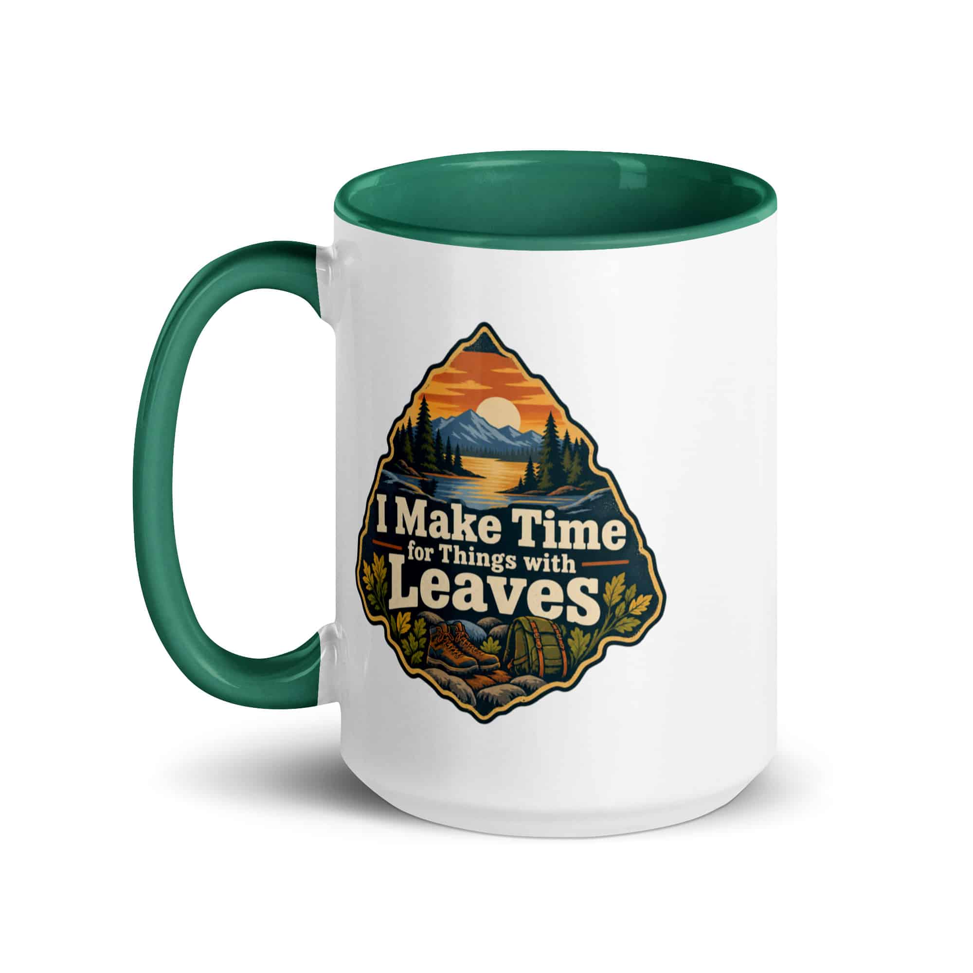 Nature and Adventure Color Inside Coffee Mug: I Make Time for Things with Leaves, Scenic Shield Badge