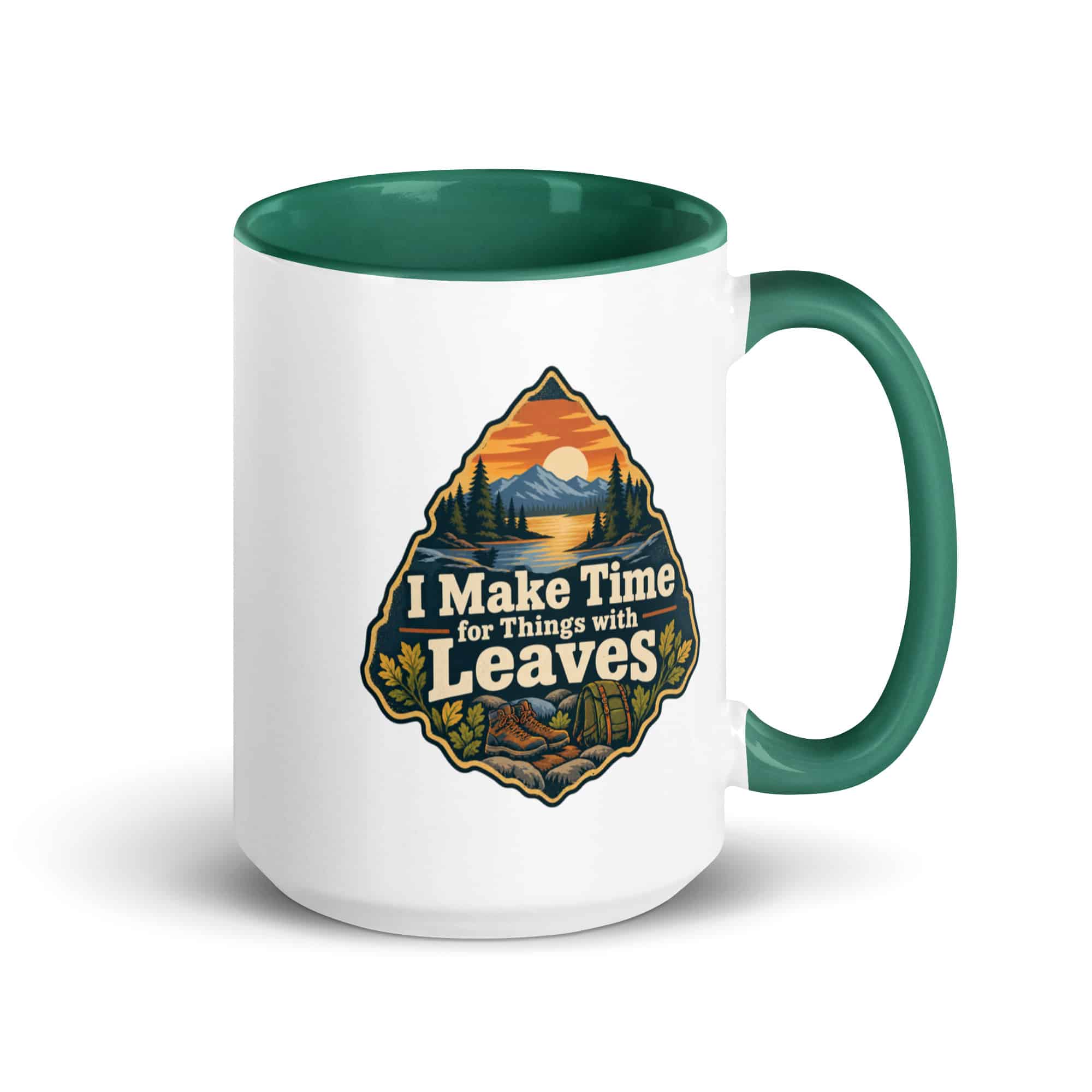 Nature and Adventure Color Inside Coffee Mug: I Make Time for Things with Leaves, Scenic Shield Badge