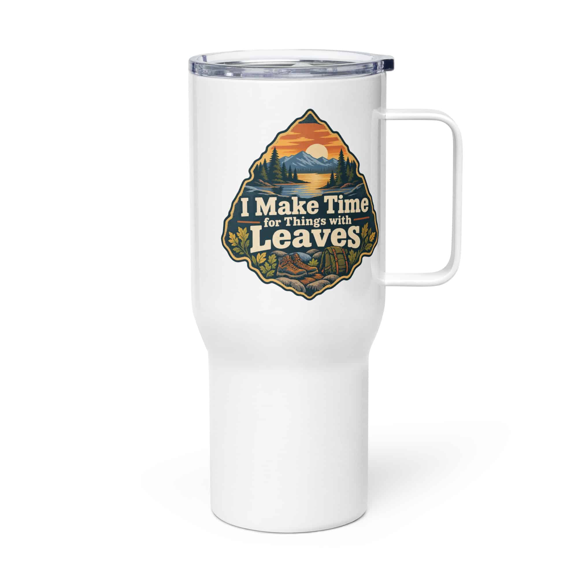 Nature and Adventure Travel Mug: I Make Time for Things with Leaves, Scenic Shield Badge
