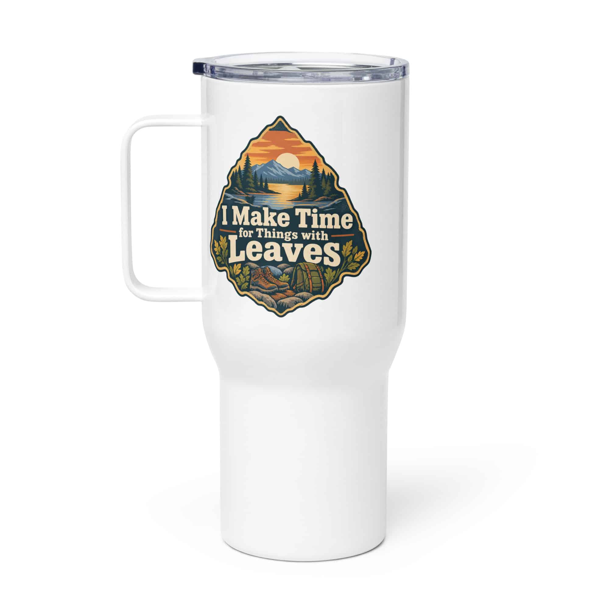 Nature and Adventure Travel Mug: I Make Time for Things with Leaves, Scenic Shield Badge
