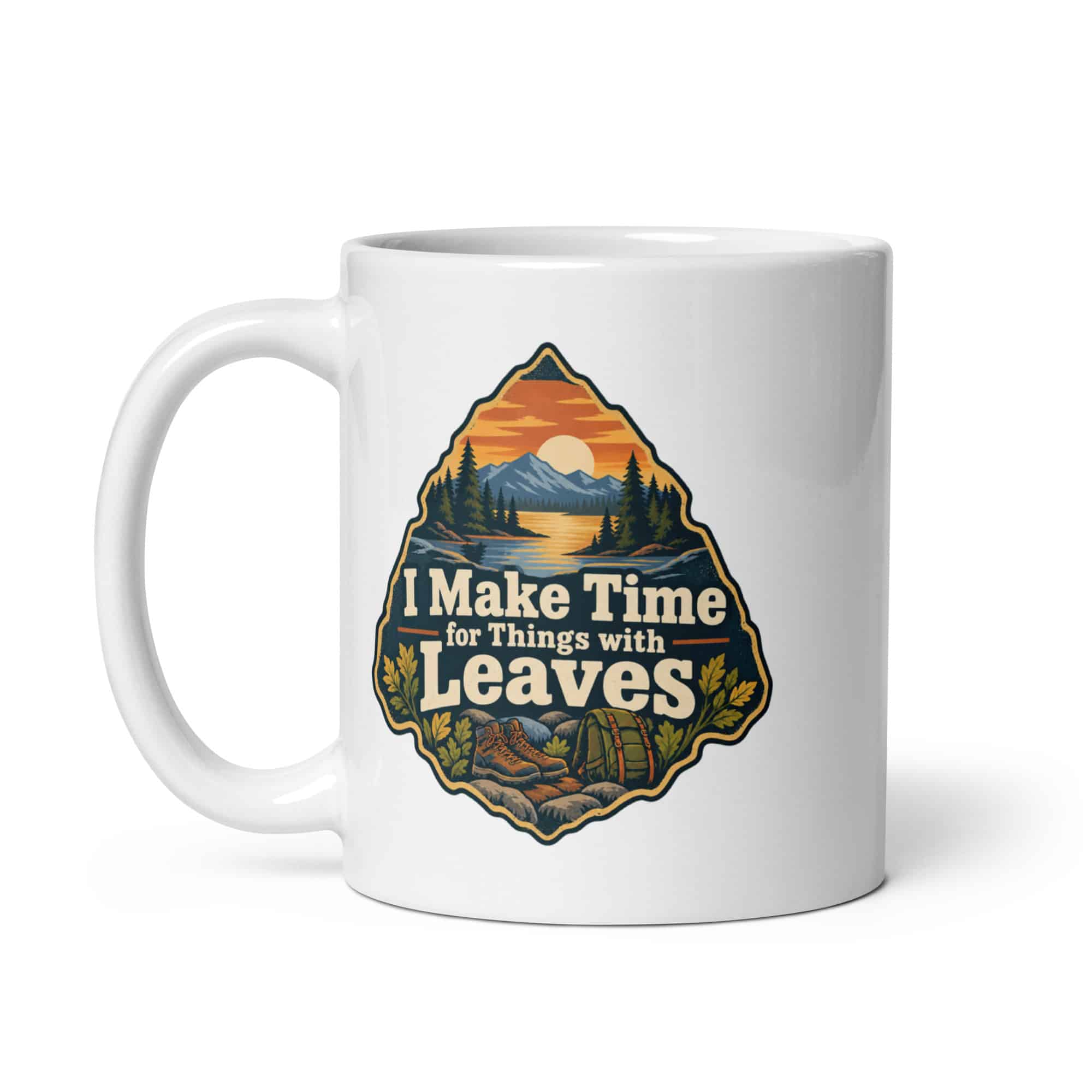 Nature and Adventure White Ceramic Coffee Mug: I Make Time for Things with Leaves, Scenic Shield Badge