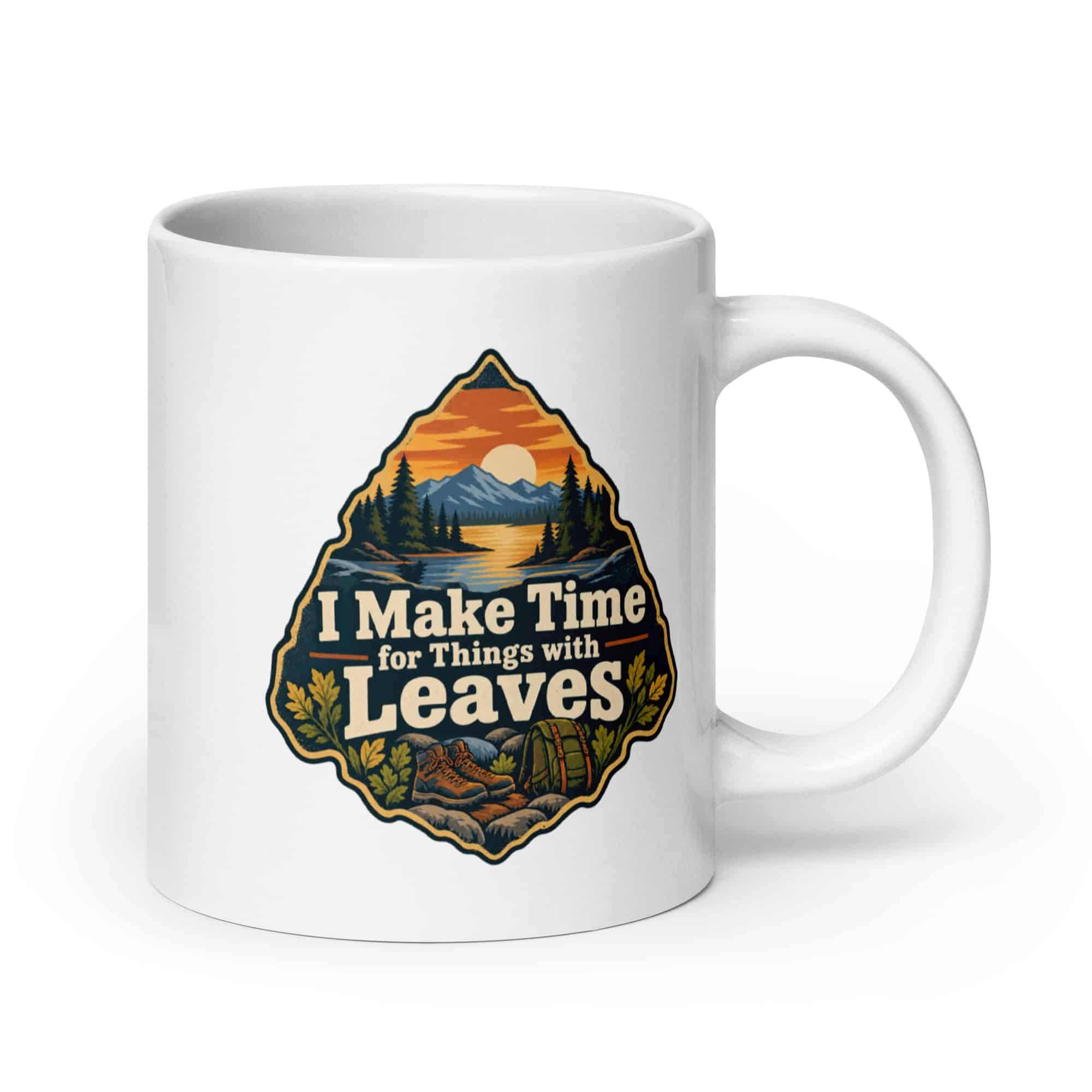 Nature and Adventure White Ceramic Coffee Mug: I Make Time for Things with Leaves, Scenic Shield Badge