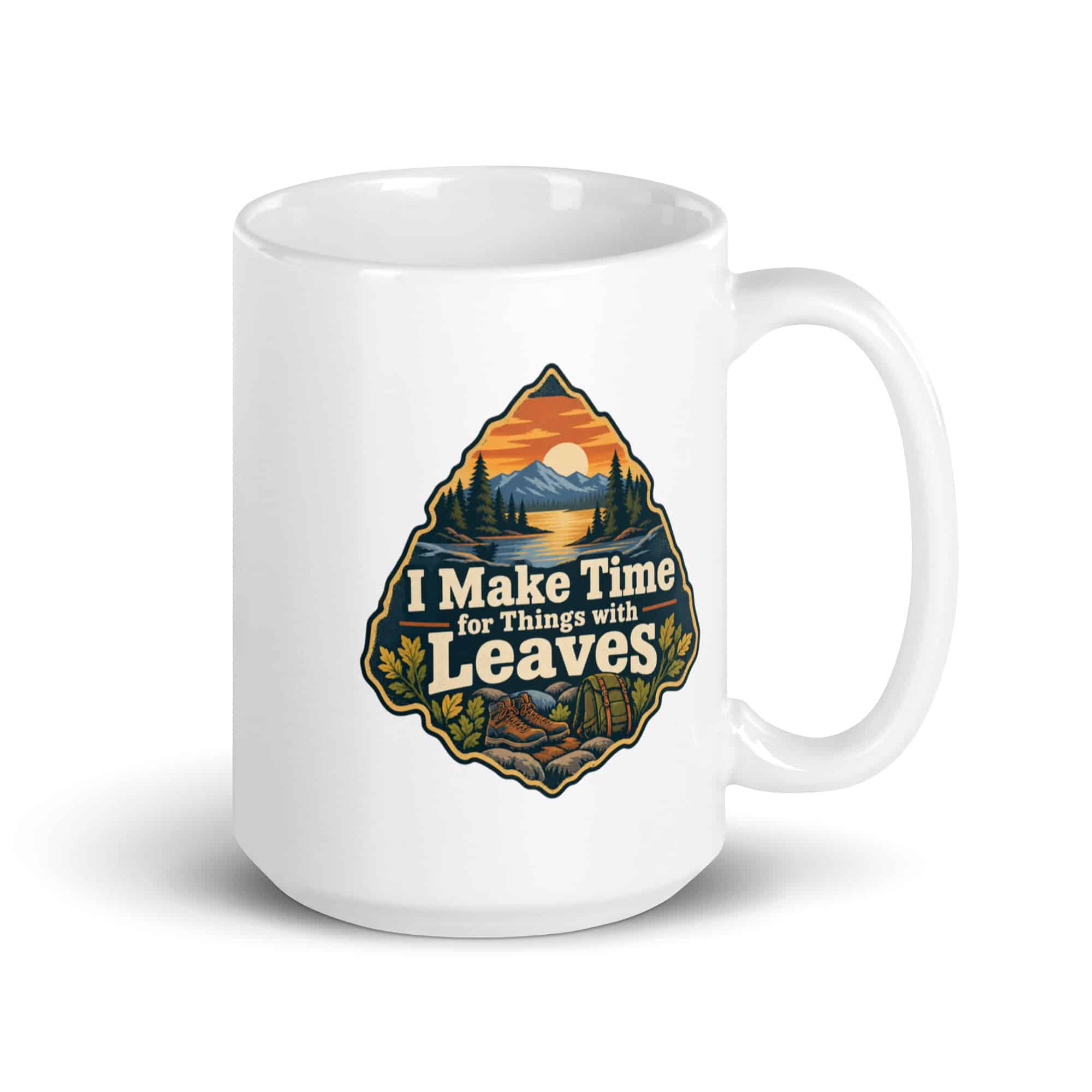 Nature and Adventure White Ceramic Coffee Mug: I Make Time for Things with Leaves, Scenic Shield Badge