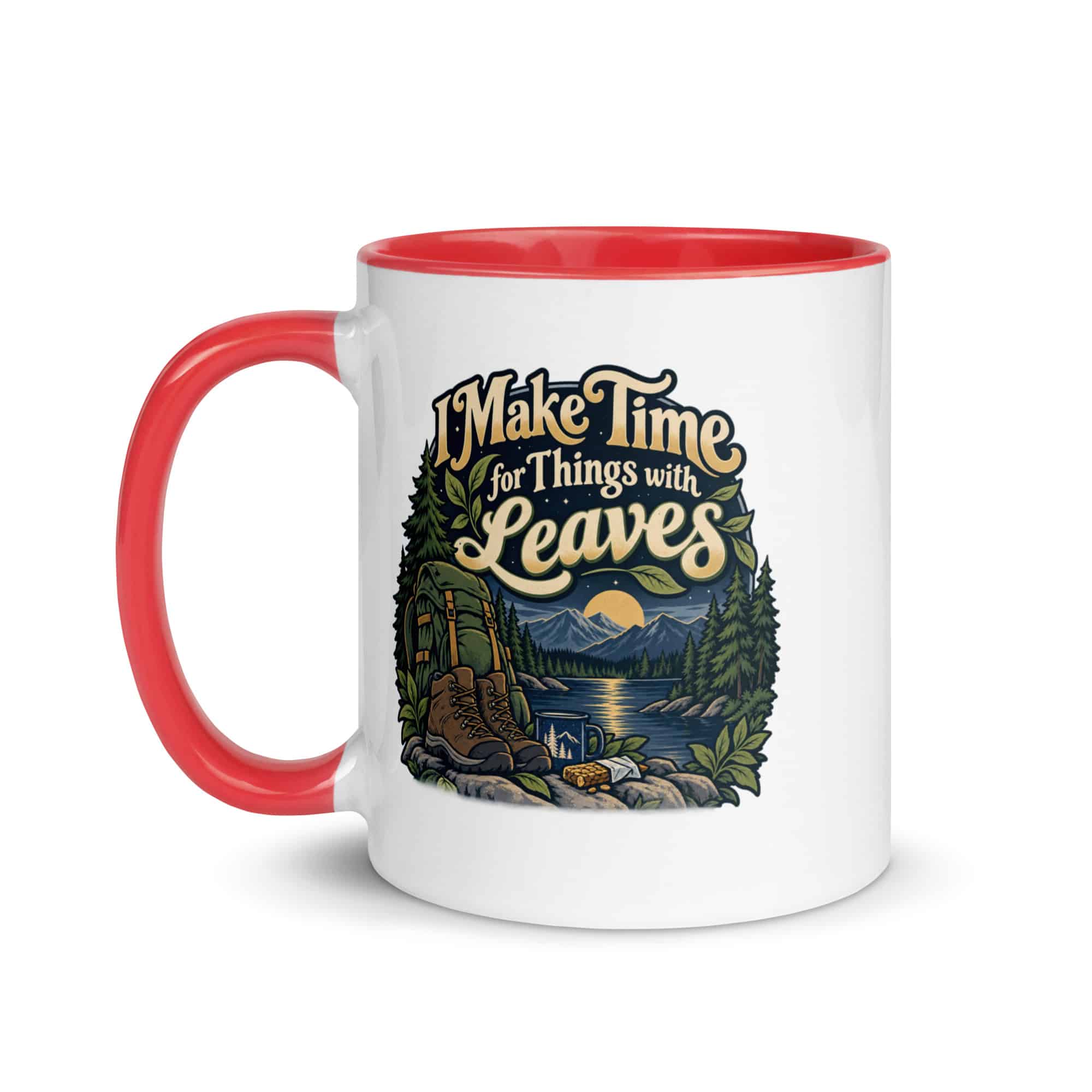 Nature and Adventure Color Inside Coffee Mug: I Make Time for Things with Leaves, Woodland Scenic Lettering