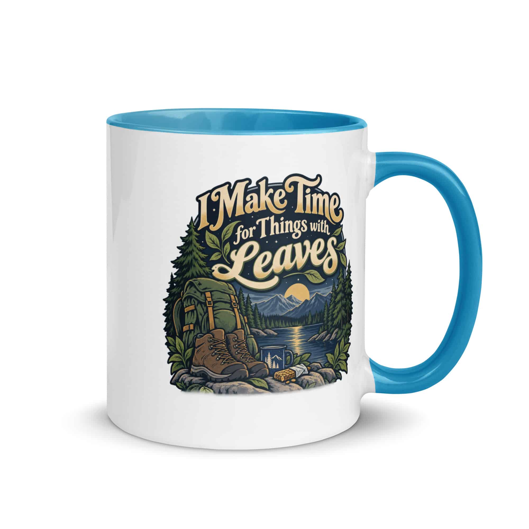 Nature and Adventure Color Inside Coffee Mug: I Make Time for Things with Leaves, Woodland Scenic Lettering