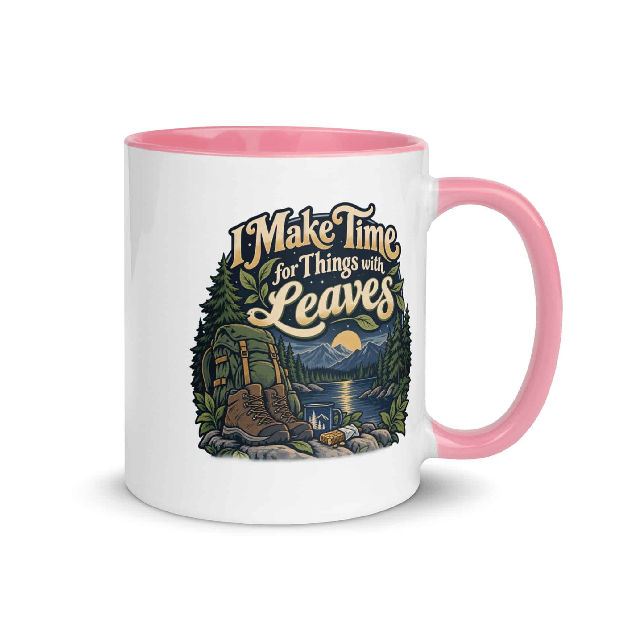 Nature and Adventure Color Inside Coffee Mug: I Make Time for Things with Leaves, Woodland Scenic Lettering