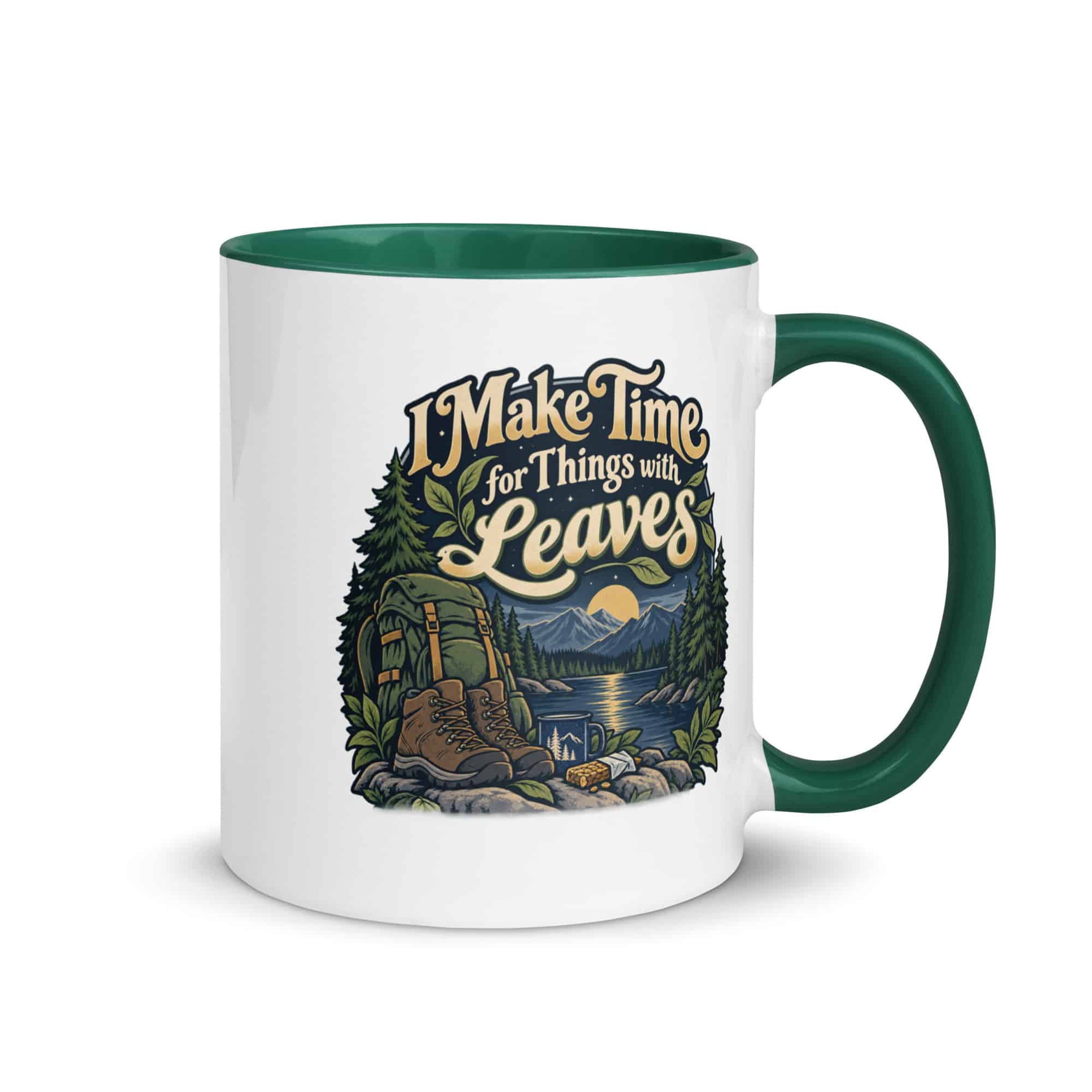 Nature and Adventure Color Inside Coffee Mug: I Make Time for Things with Leaves, Woodland Scenic Lettering