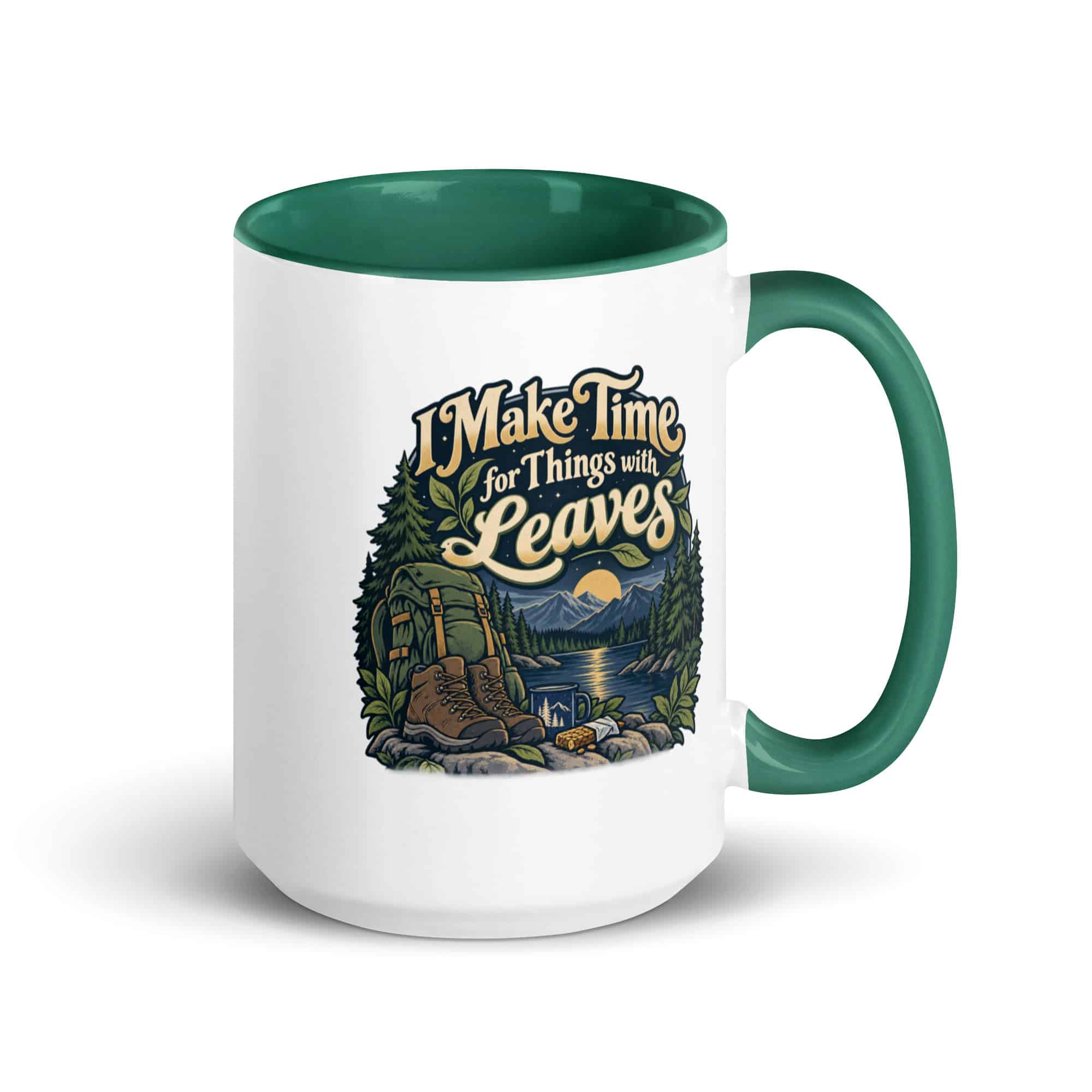 Nature and Adventure Color Inside Coffee Mug: I Make Time for Things with Leaves, Woodland Scenic Lettering
