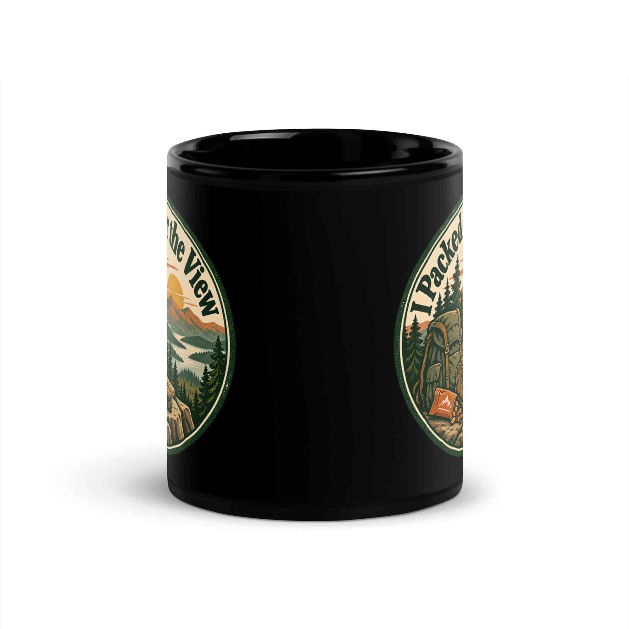 Nature and Adventure Black Coffee Mug: I Packed for the View, Vintage Round Badge