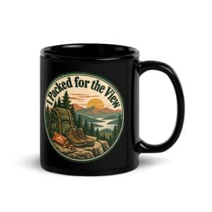 Nature and Adventure Black Coffee Mug: I Packed for the View, Vintage Round Badge - 11 oz - Handle on Right