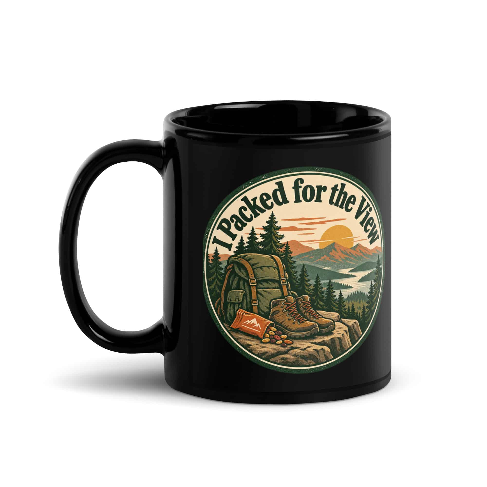 Nature and Adventure Black Coffee Mug: I Packed for the View, Vintage Round Badge