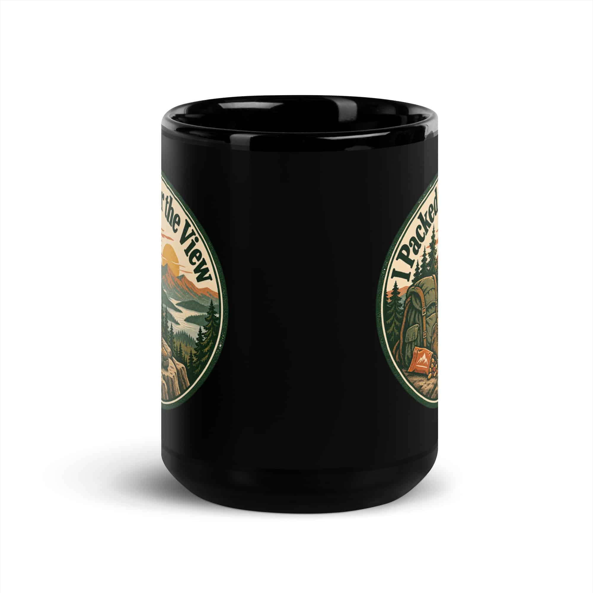 Nature and Adventure Black Coffee Mug: I Packed for the View, Vintage Round Badge