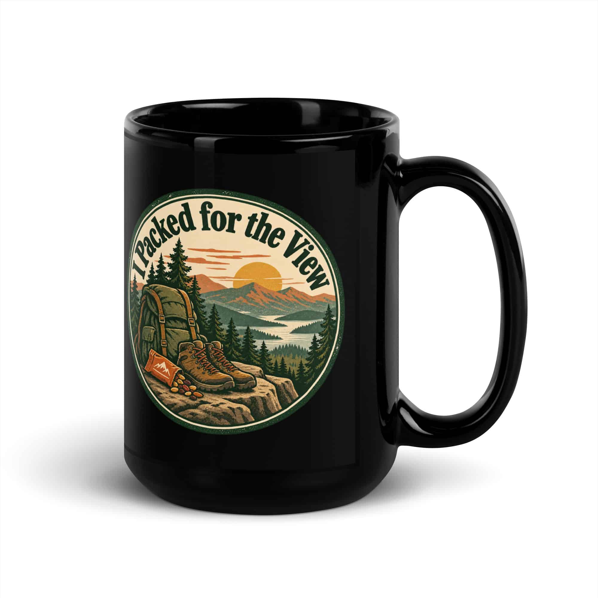 Nature and Adventure Black Coffee Mug: I Packed for the View, Vintage Round Badge