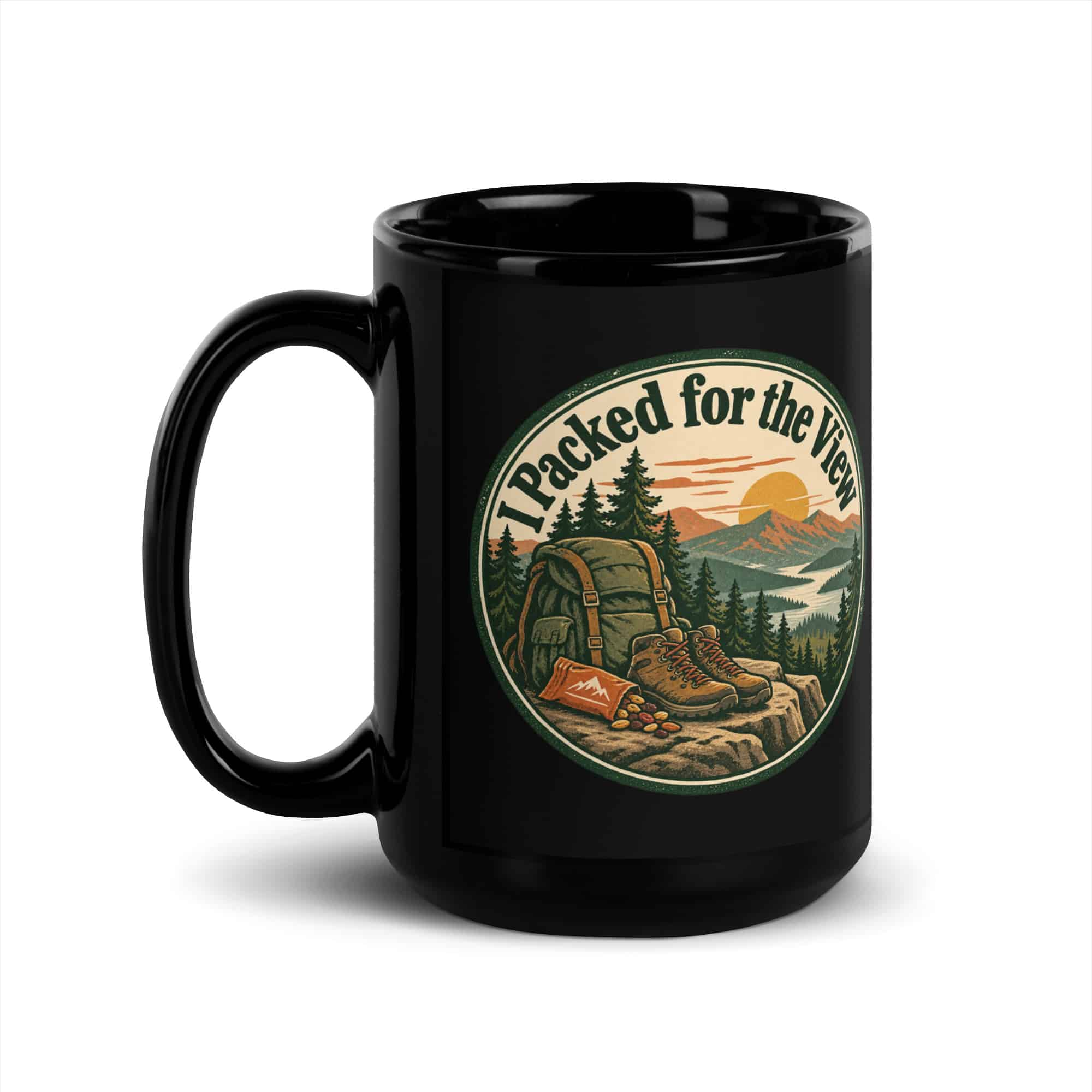 Nature and Adventure Black Coffee Mug: I Packed for the View, Vintage Round Badge