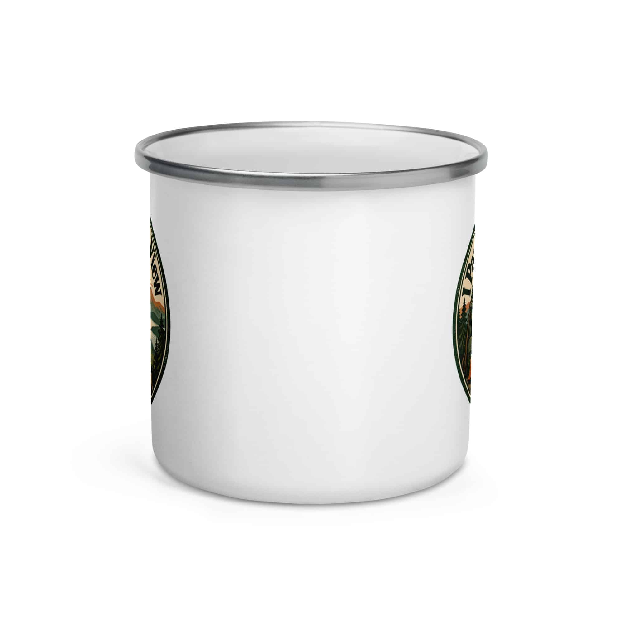 Nature and Adventure Enamel Camp Mug: I Packed for the View, Vintage Round Badge