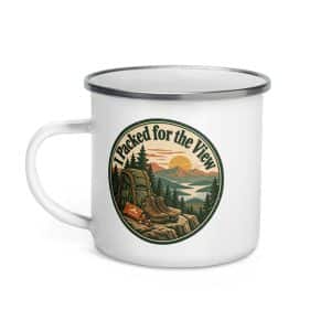 Nature and Adventure Enamel Camp Mug: I Packed for the View, Vintage Round Badge - 12 oz - Left
