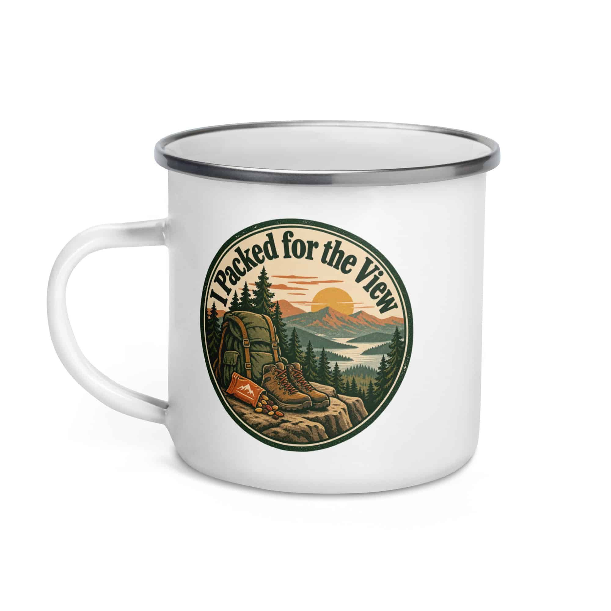 Nature and Adventure Enamel Camp Mug: I Packed for the View, Vintage Round Badge