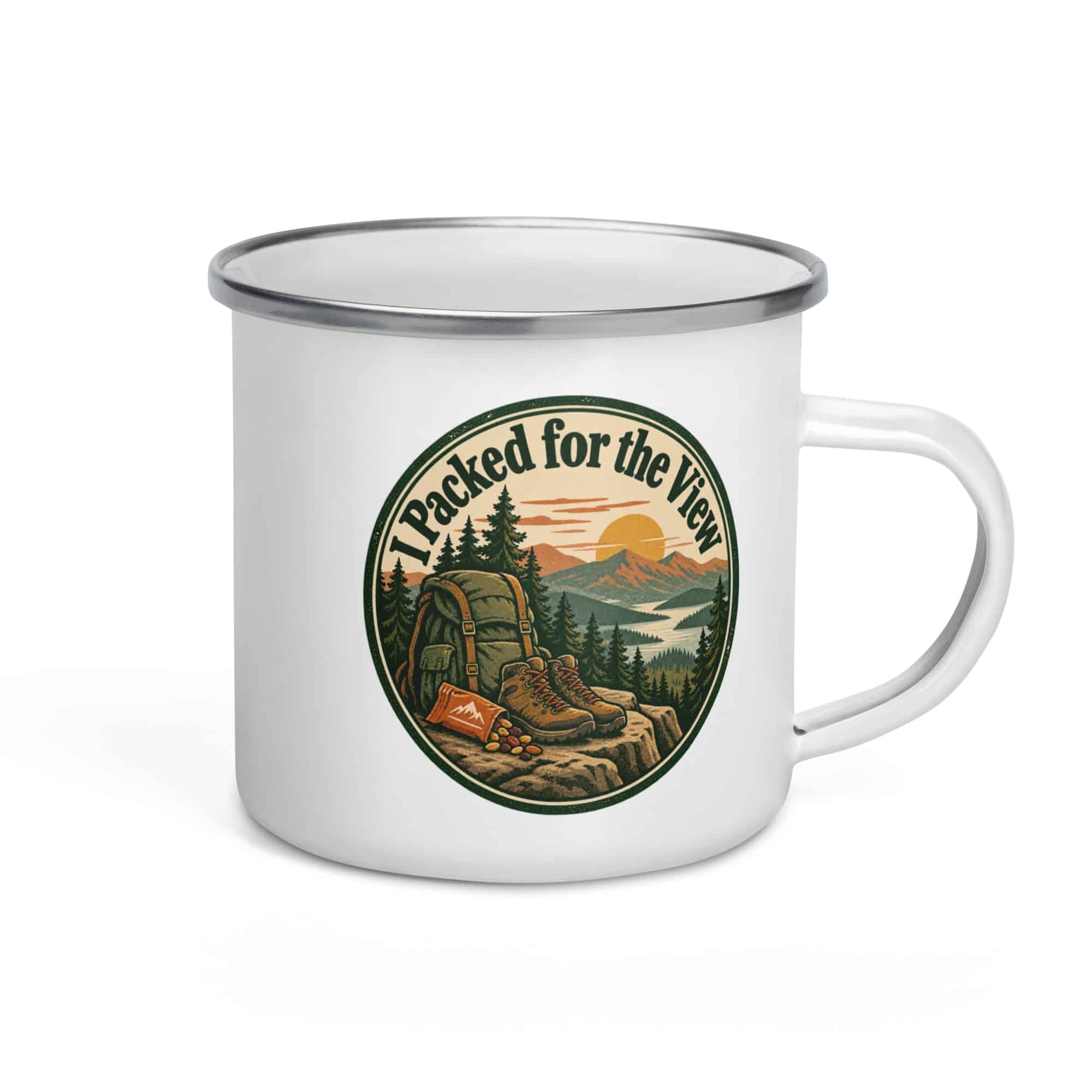 Nature and Adventure Enamel Camp Mug: I Packed for the View, Vintage Round Badge
