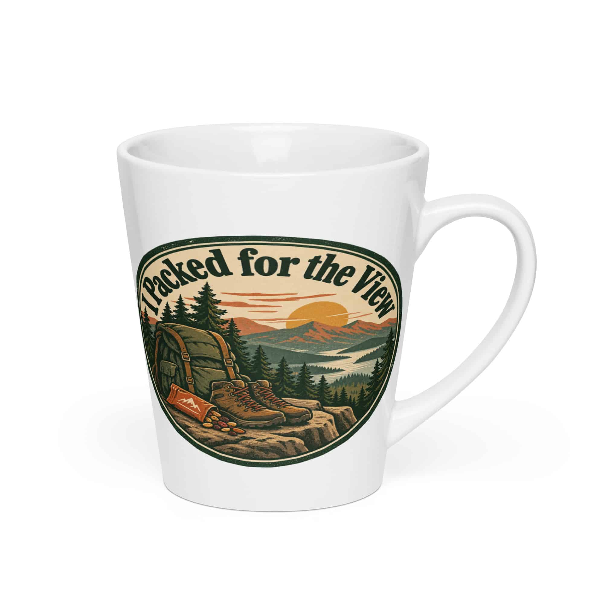 Nature and Adventure Latte Mug: I Packed for the View, Vintage Round Badge