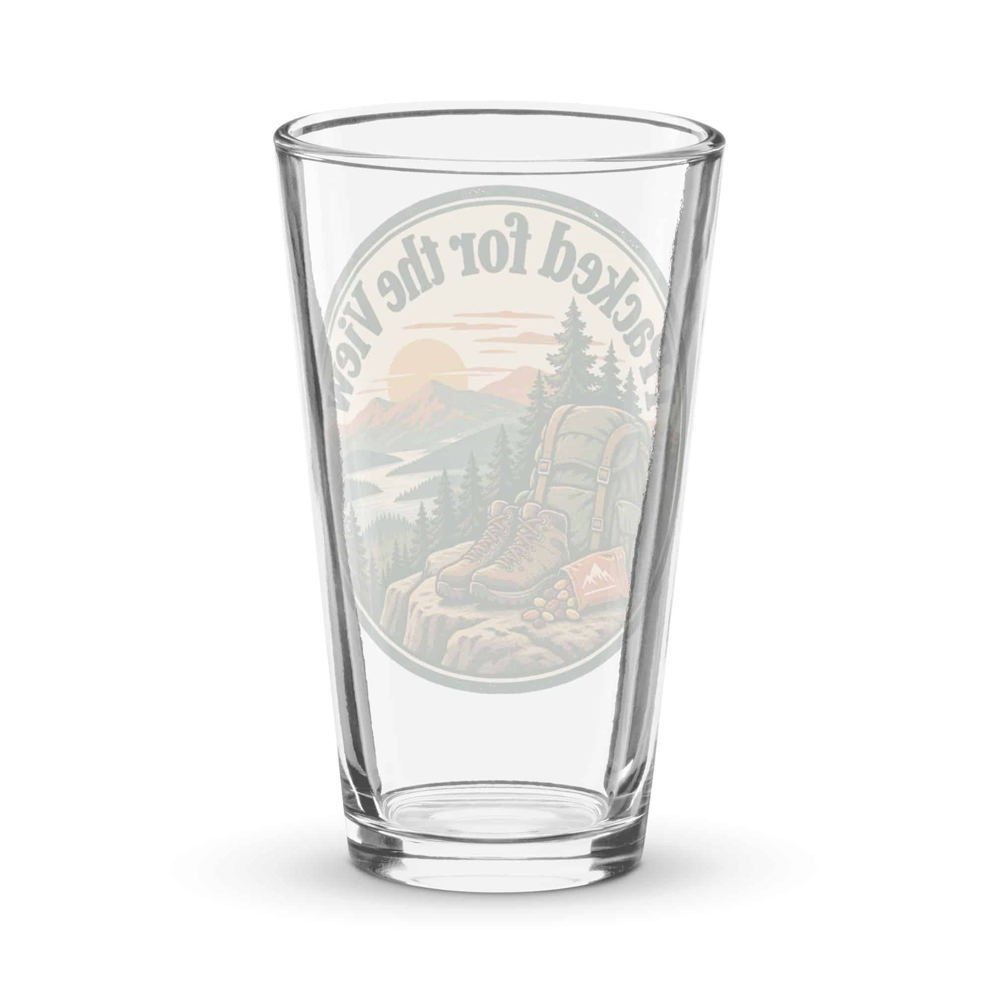 Nature and Adventure Pint Glass: I Packed for the View, Vintage Round Badge